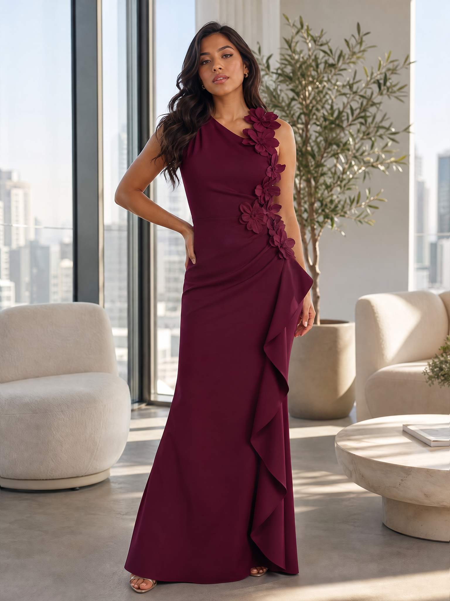 One-Shoulder 3D Floral Applique Ruffled Long Evening Gown