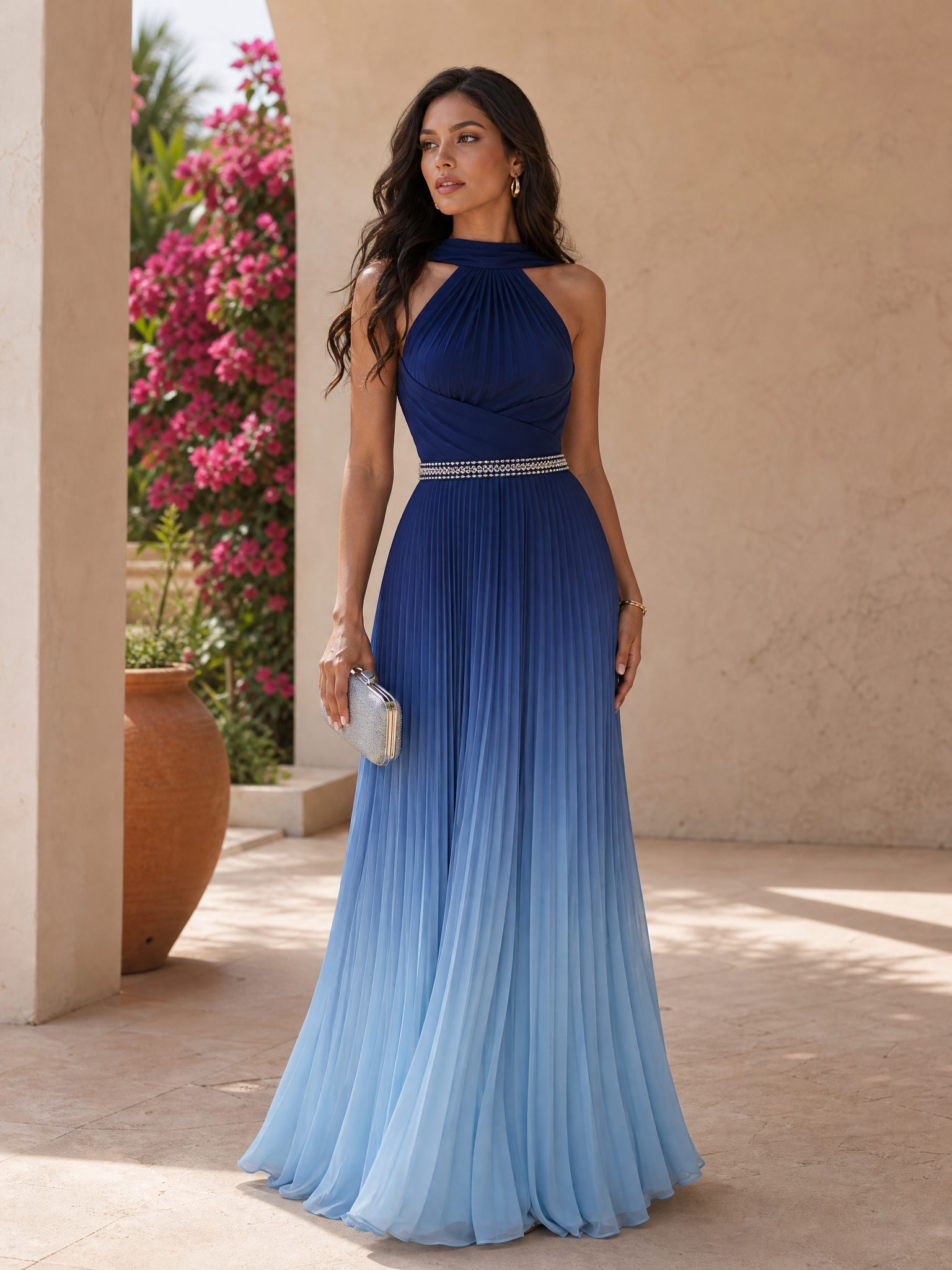 Elegant Halter Pleated Chiffon Ombré Evening Gown with Beaded Waist