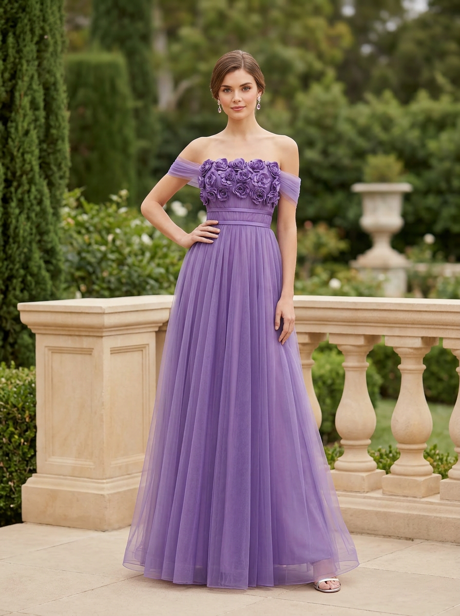 Romantic Floral Appliqué Tulle Gown