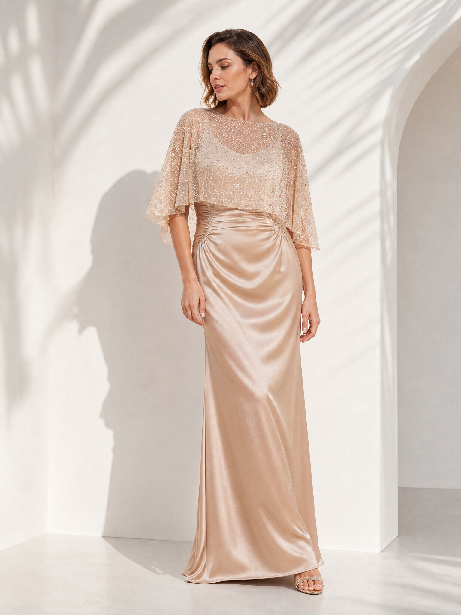 Beaded Capelet Satin Long Evening Gown