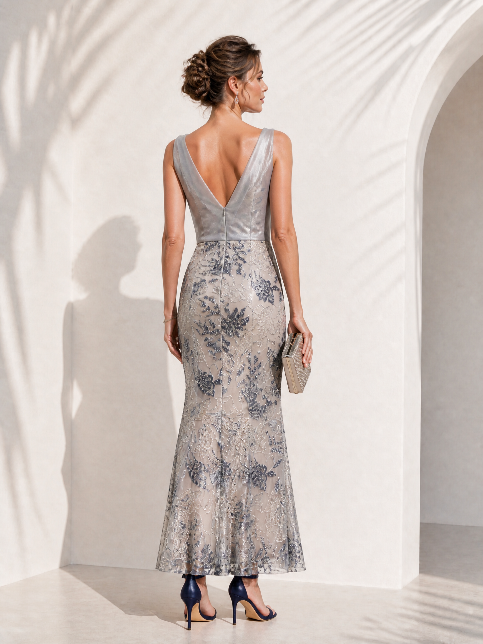 V-Neck Sleeveless Floral Embroidered Mermaid Evening Gown