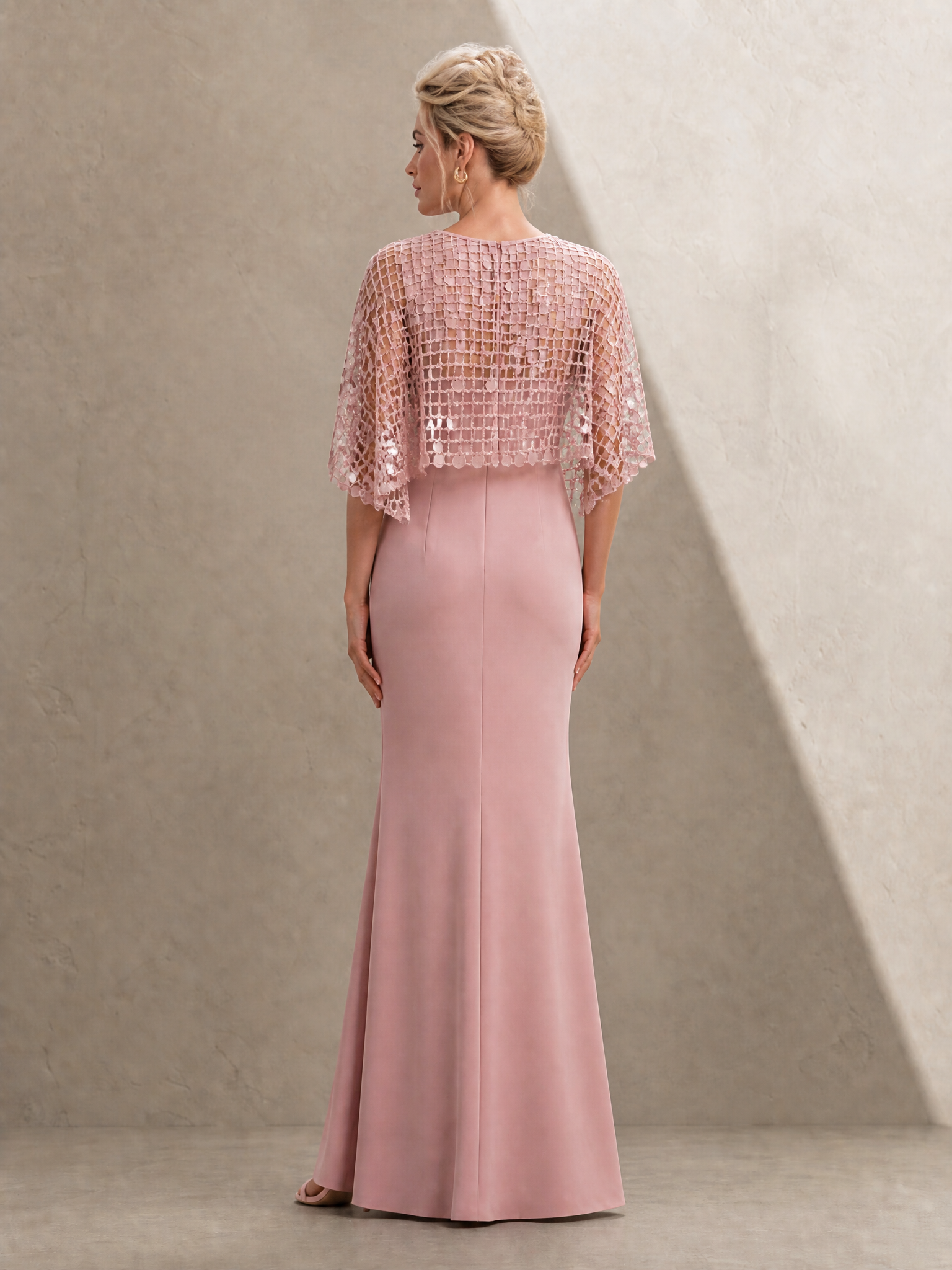Sequin Capelet Overlay Slit Long Evening Gown