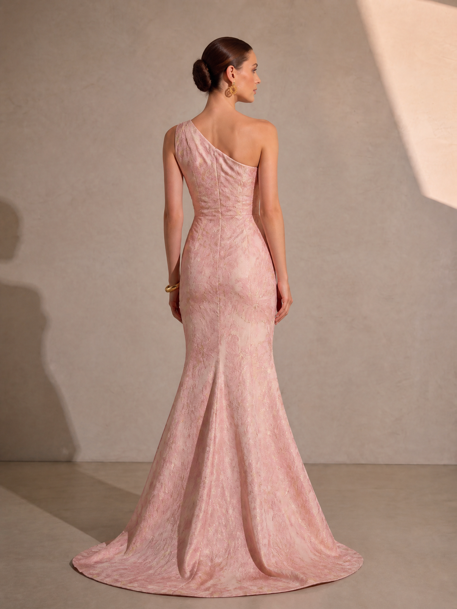One-Shoulder Ruffle Metallic Brocade Mermaid Evening Gown