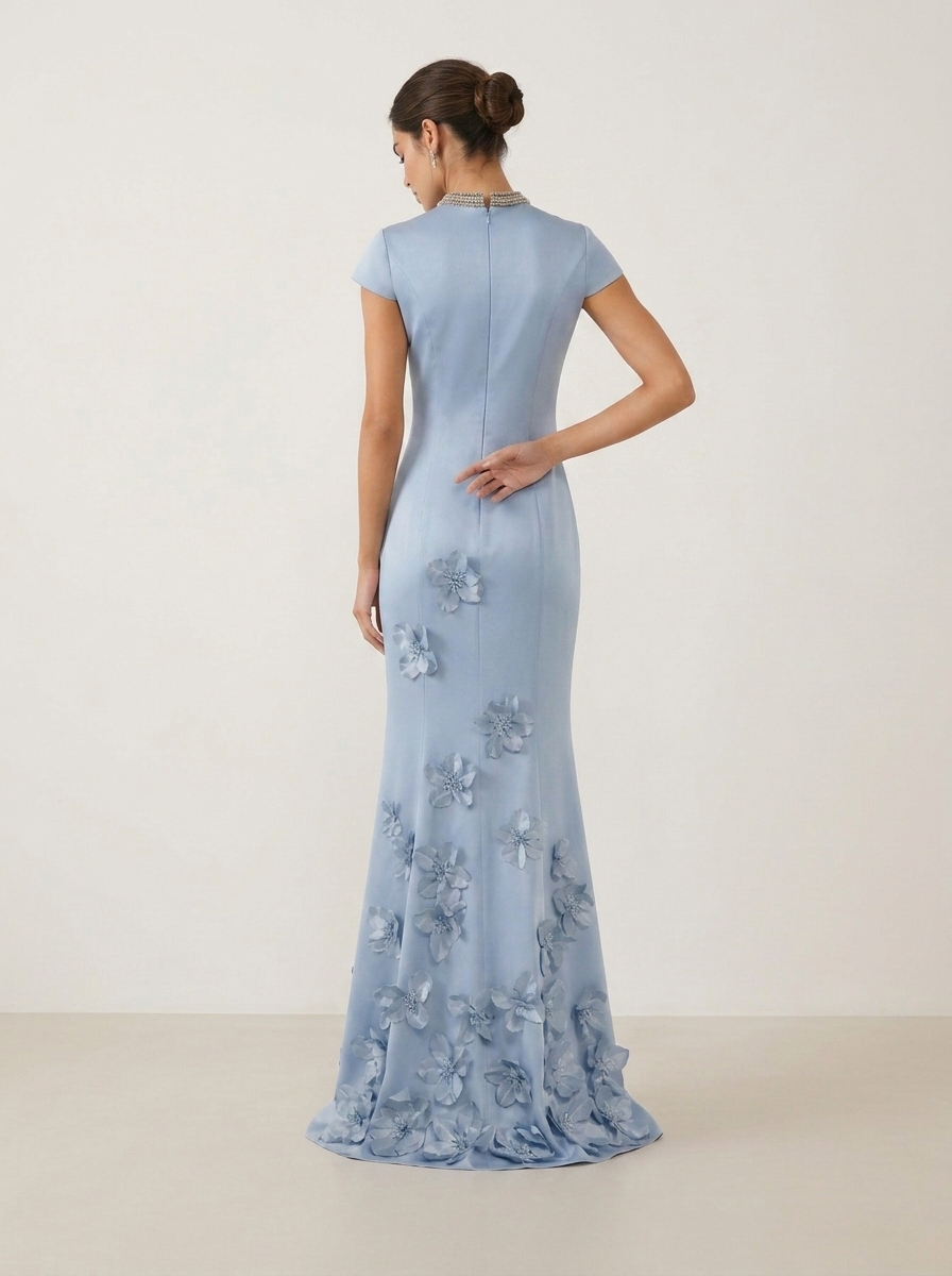 Floral Appliqué Beaded Collar Mermaid Gown
