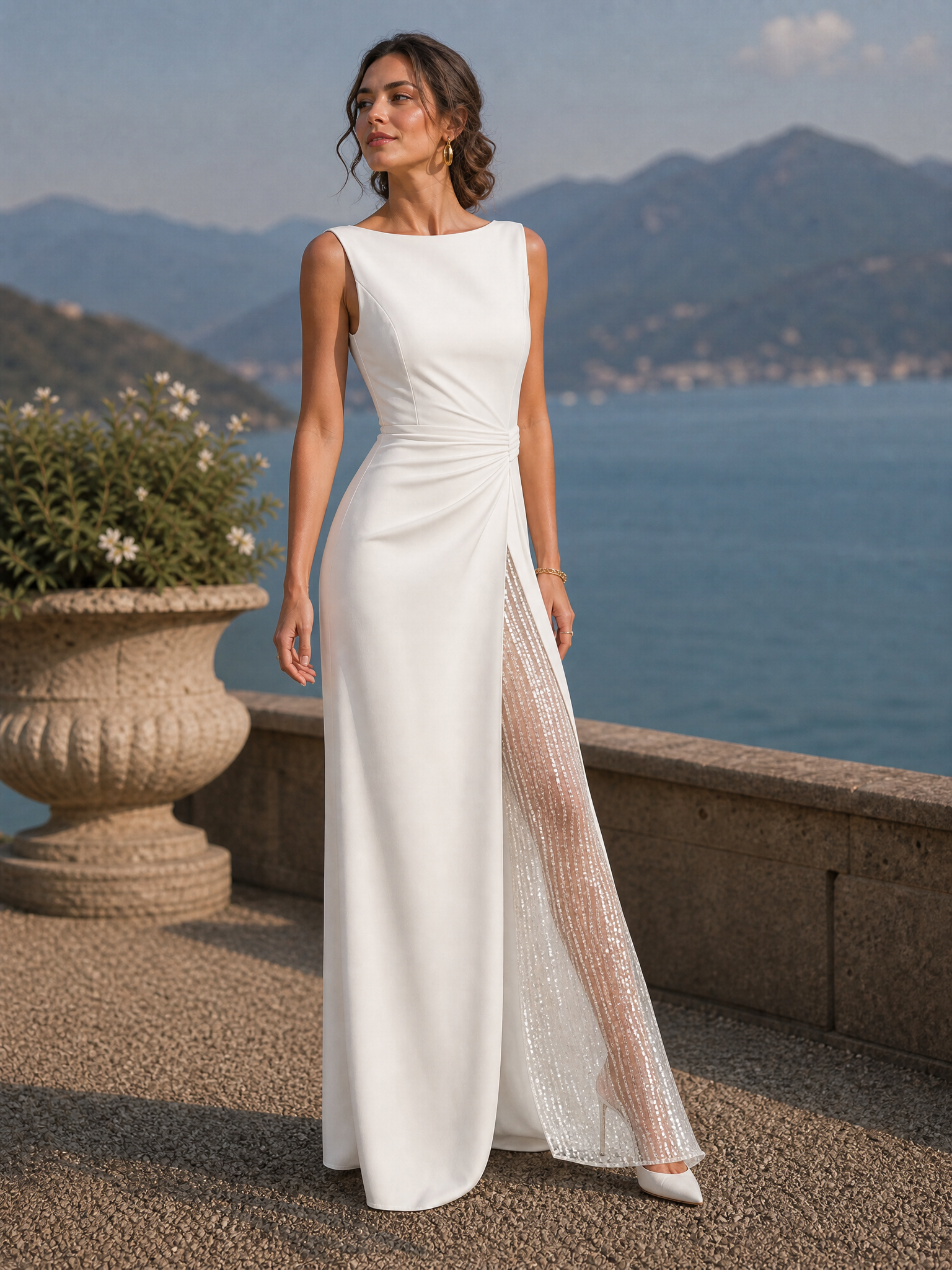 Sleeveless Sequin Panel Long Evening Gown