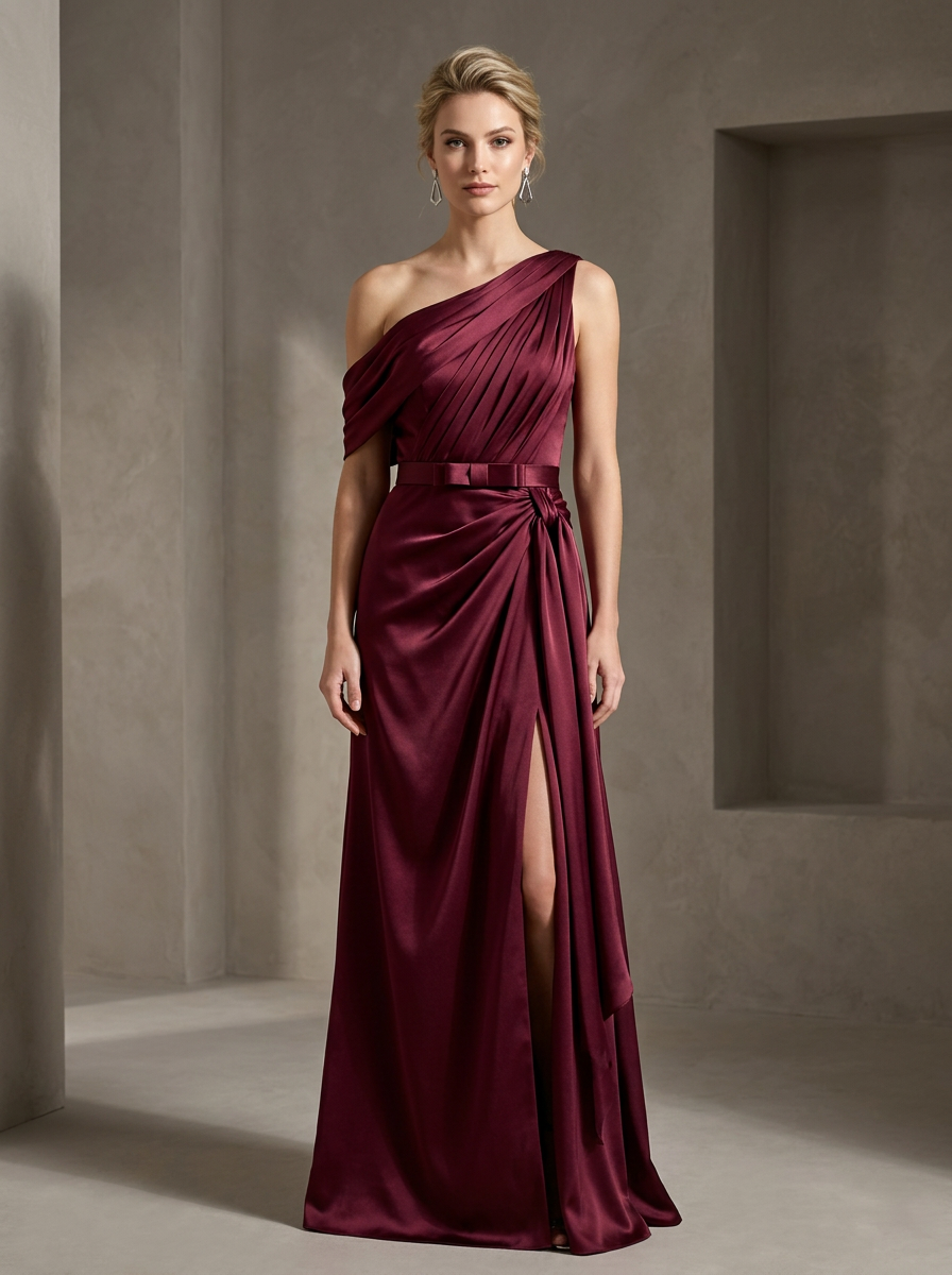 One-Shoulder Pleated Satin Evening Gown