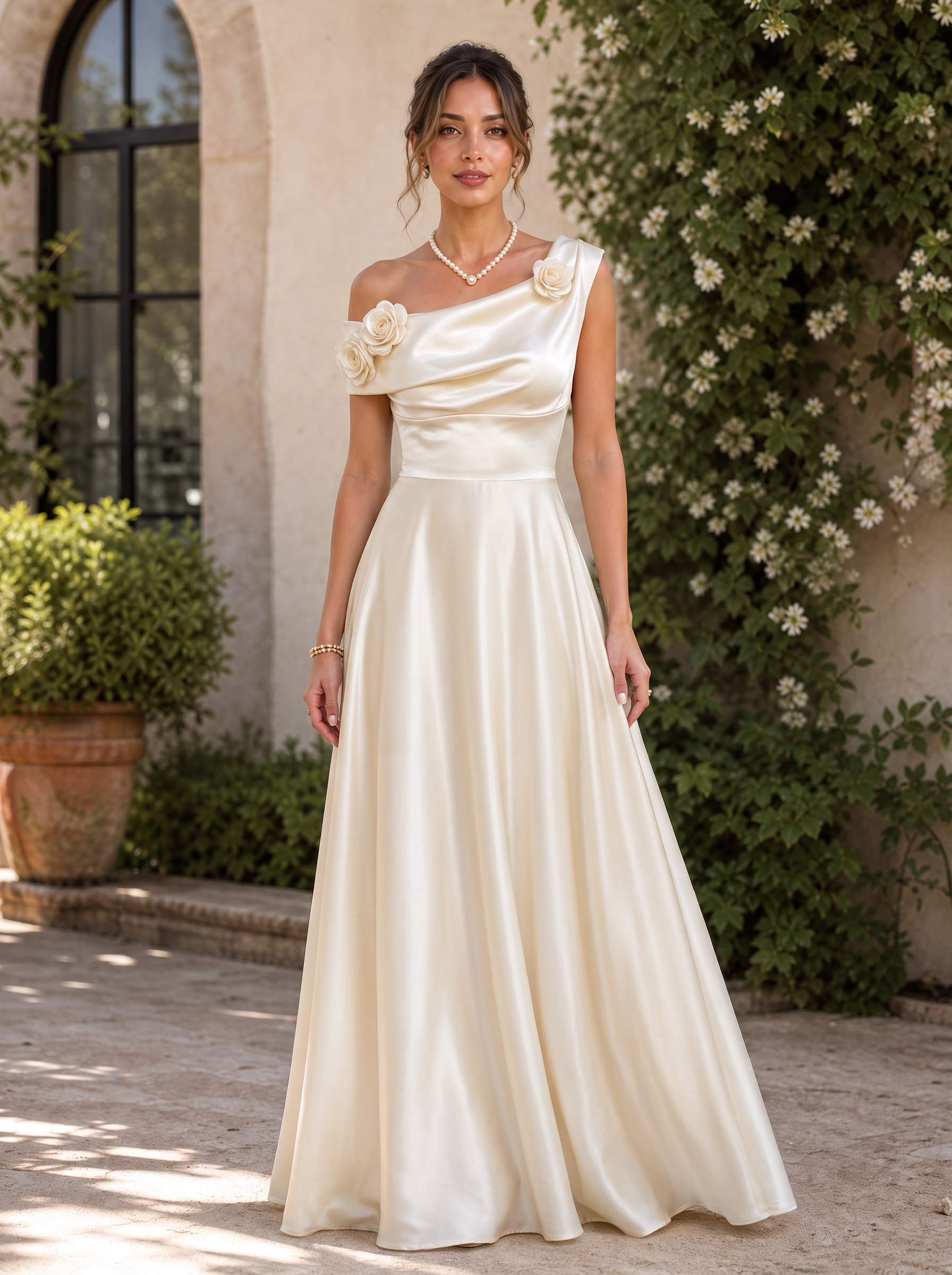 Asymmetric Floral Applique Satin Evening Gown