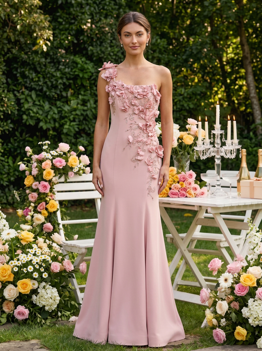 产品标题： One Shoulder Floral Applique Fishtail Evening Gown