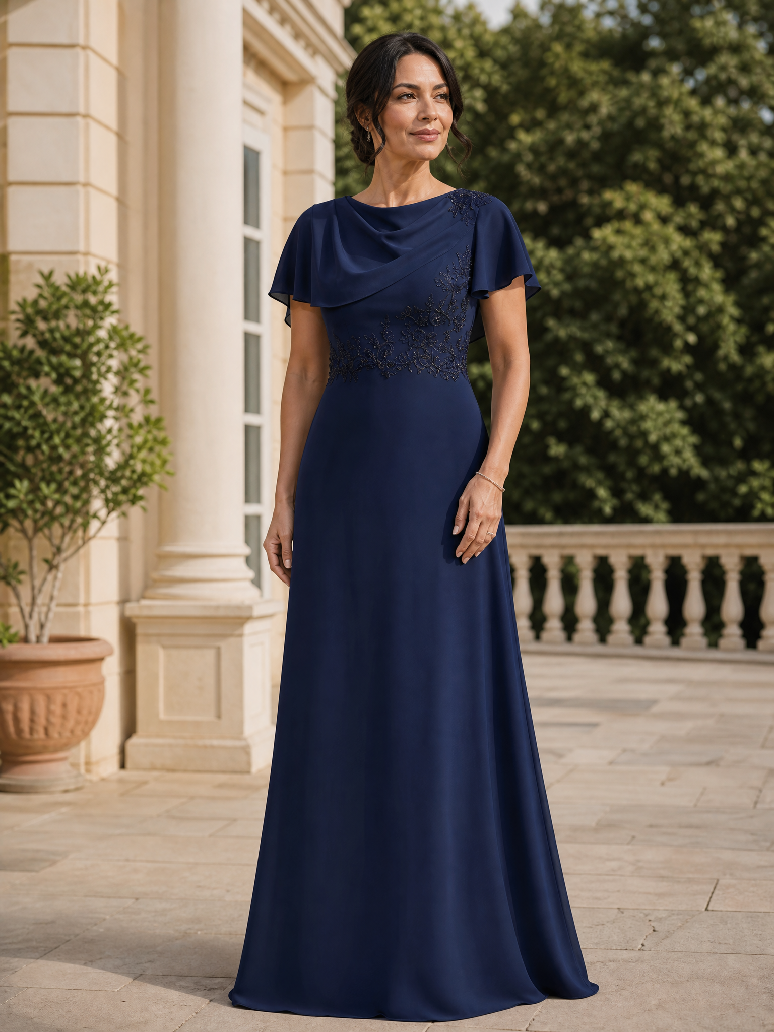 Navy Blue Chiffon Flutter Sleeve Evening Gown With Beaded Waist