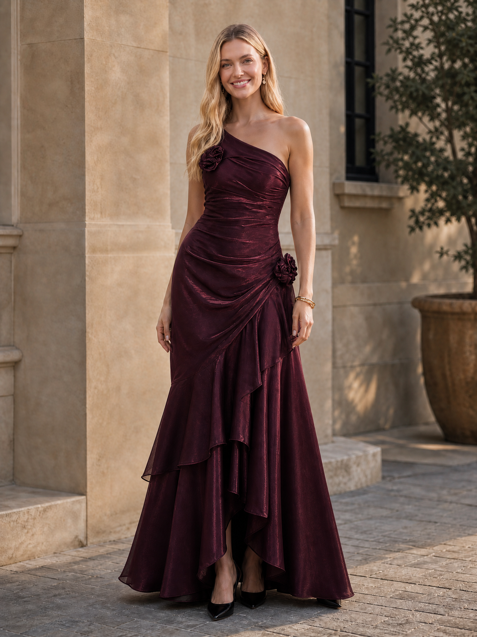 One Shoulder High Low Metallic Organza Evening Gown With Ruffled Cascade