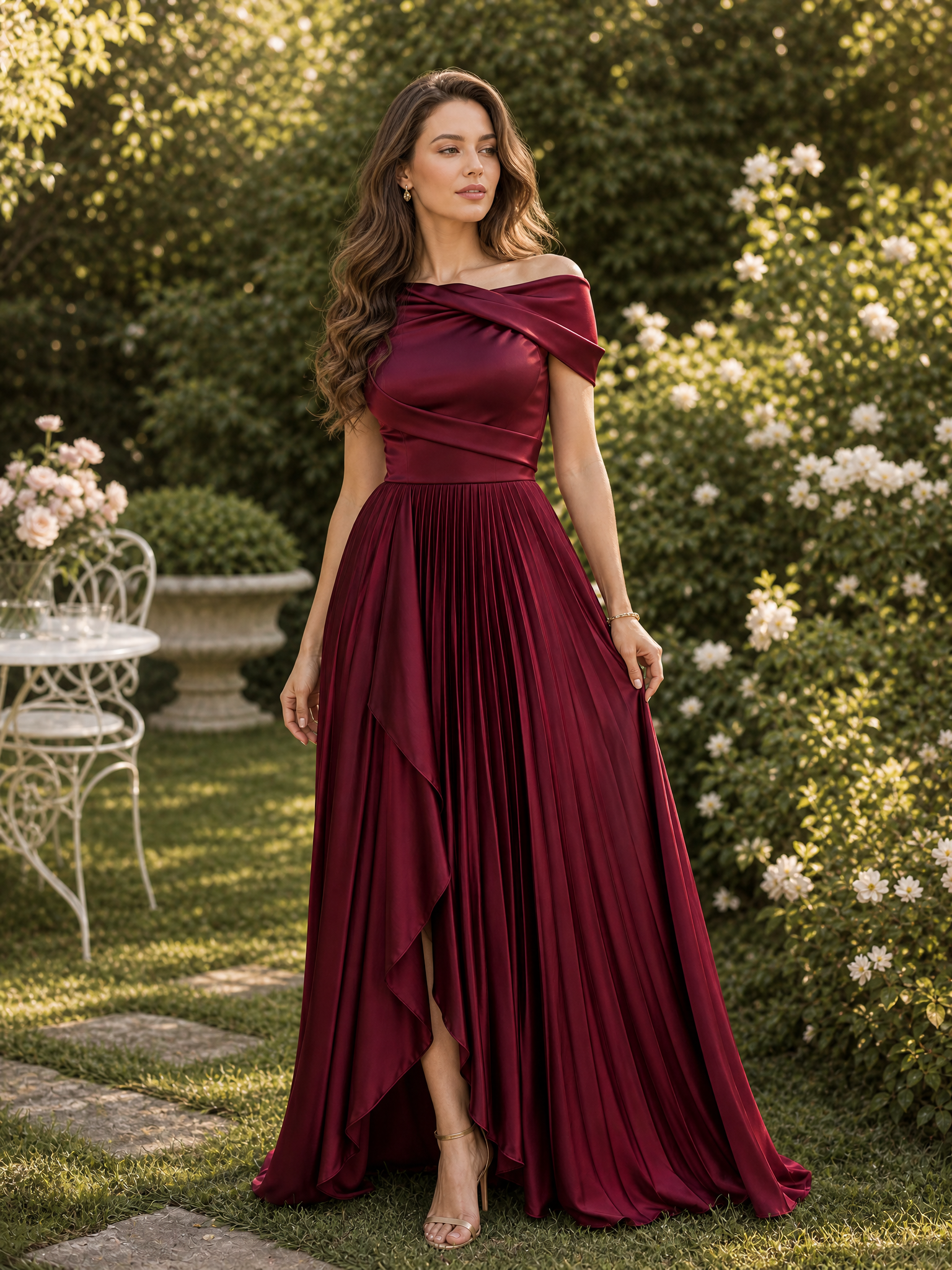 Off Shoulder Pleated Satin Evening Gown With High Low Hem