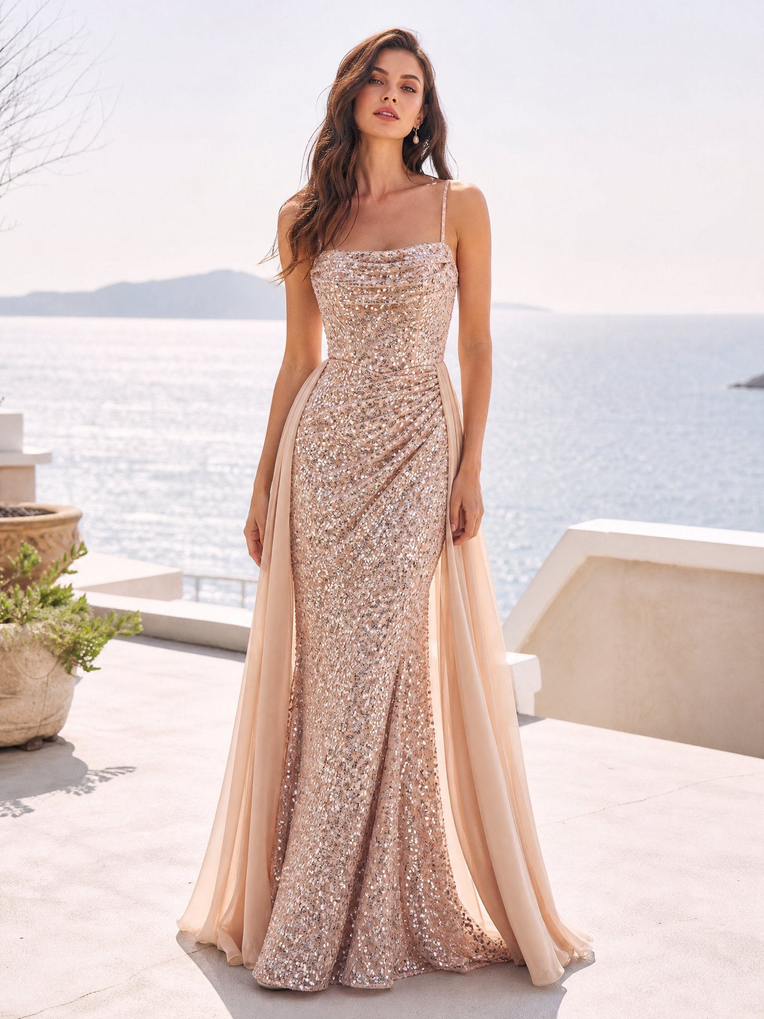 Spaghetti Strap Sequin Cowl Neck Evening Gown With Overly Skirt