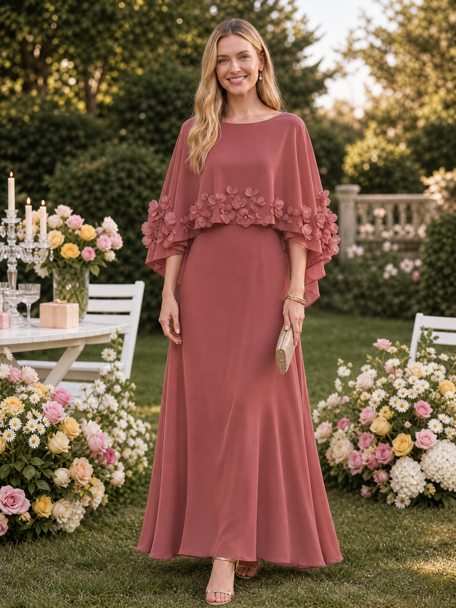 Applique Capelet Chiffon Floor Length Mother Of The Bride Dress