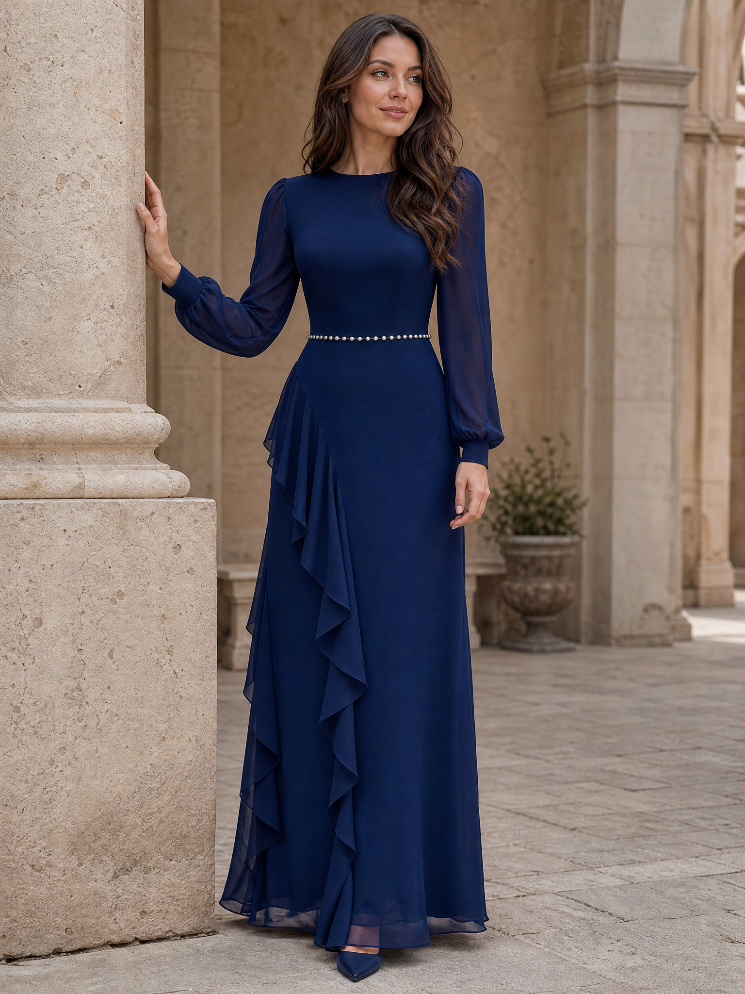 Beaded Waist Chiffon Long Sleeve Evening Gown