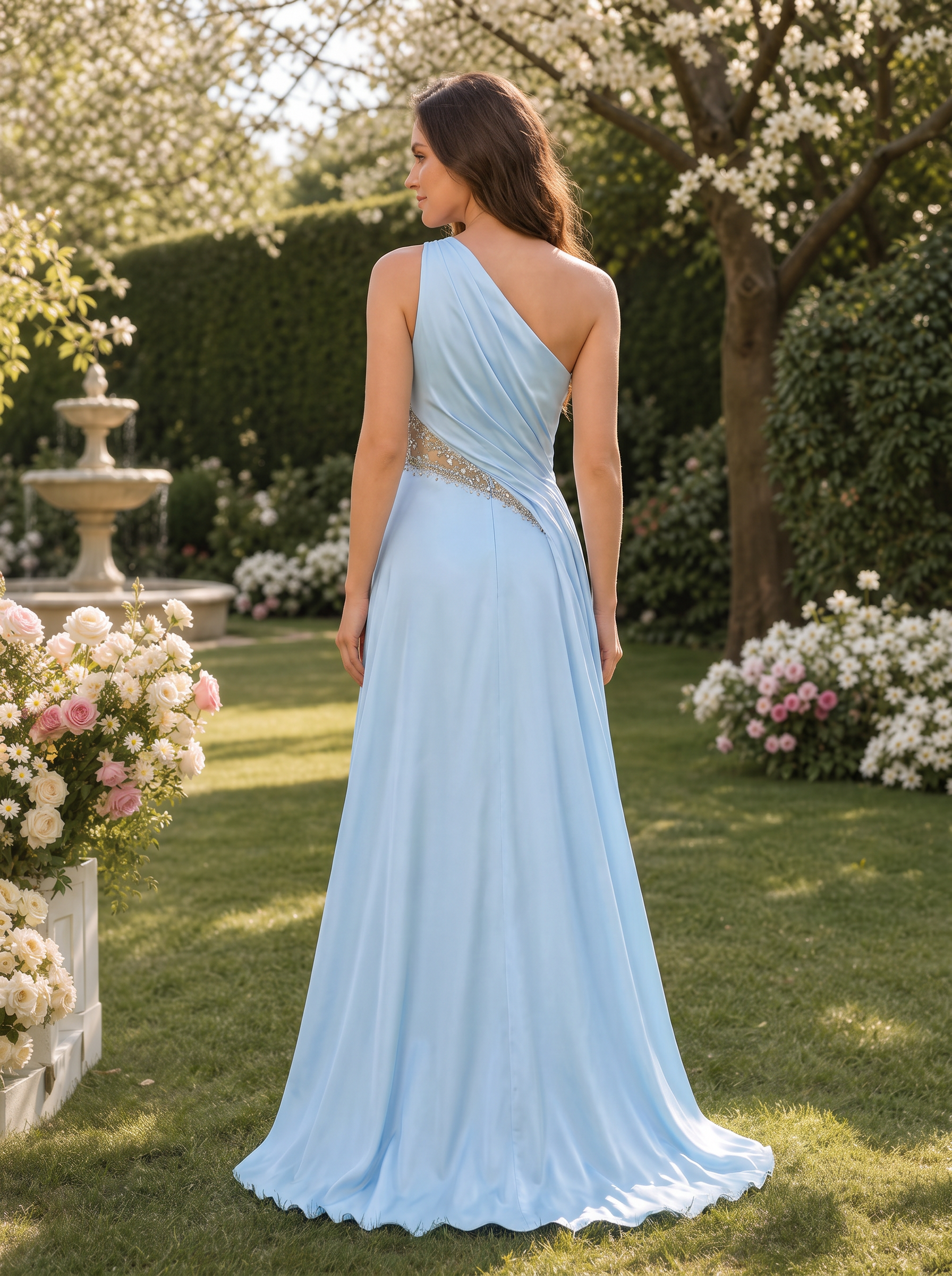 One-Shoulder Beaded Waist Satin Evening Gown