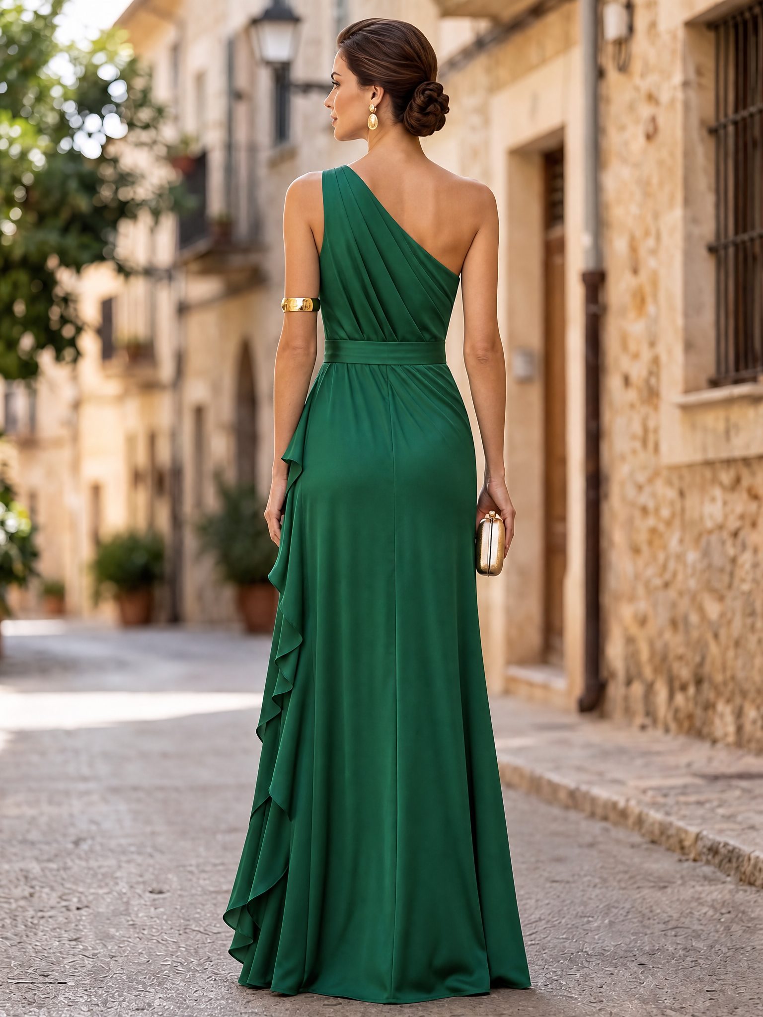 One-Shoulder Ruffle Trim Satin Evening Gown