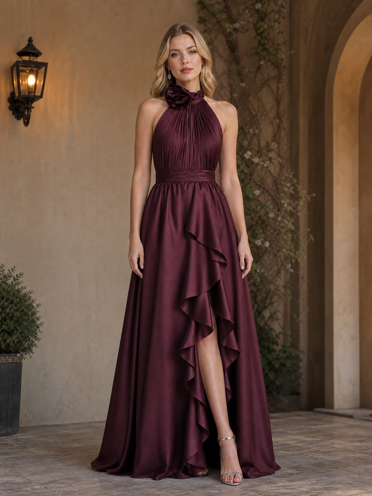 Halter Neck Ruffle High Slit Satin Evening Gown