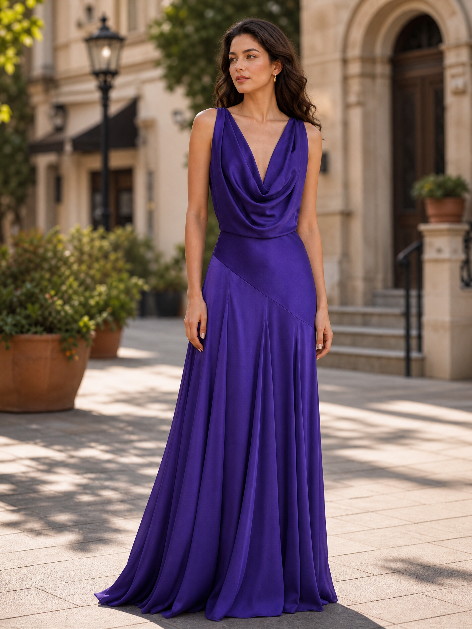 Cowl Neck Pleated Panel Satin Evening Gown