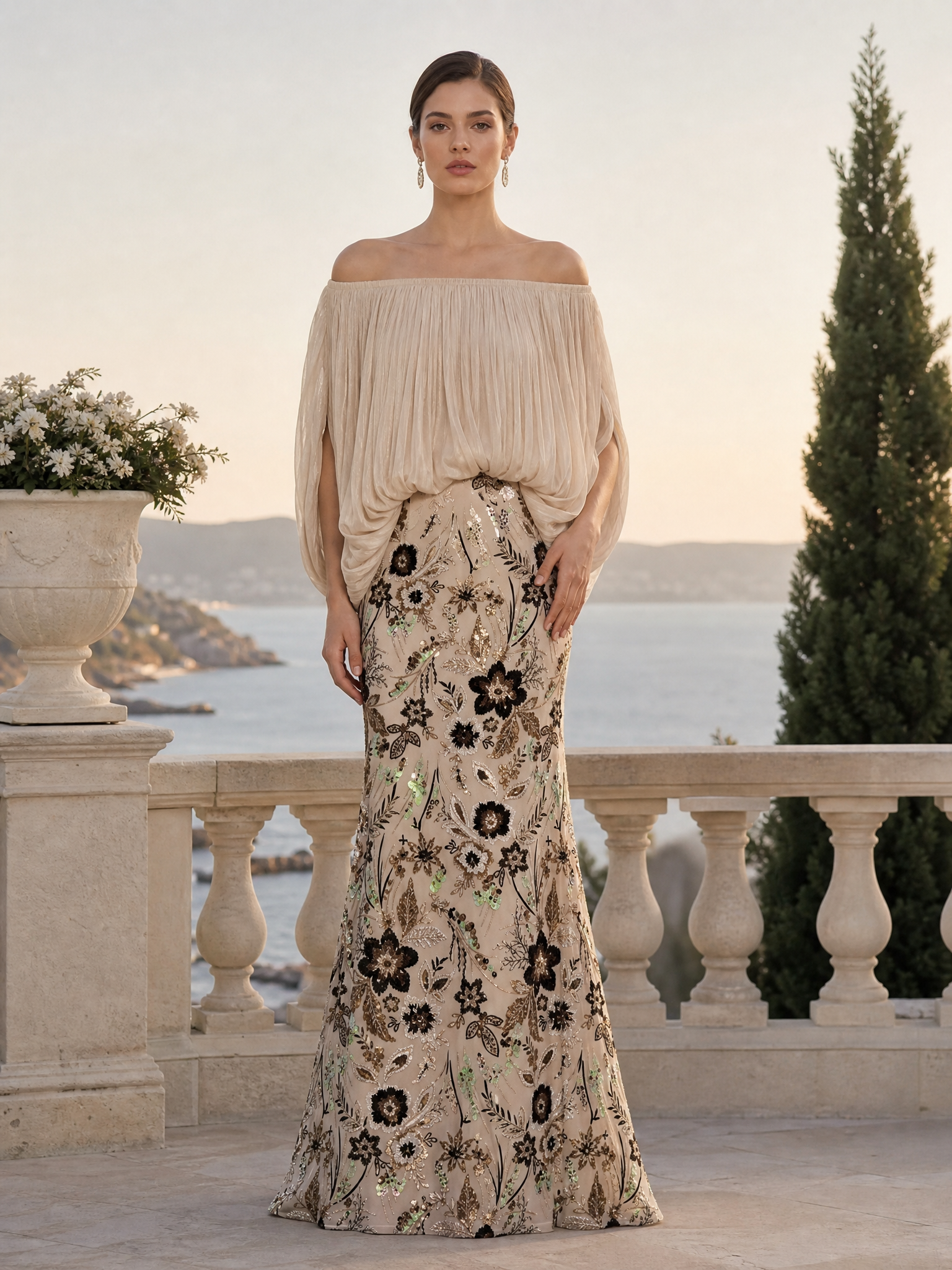 Off-Shoulder Pleated Bodice Embroidered Evening Gown