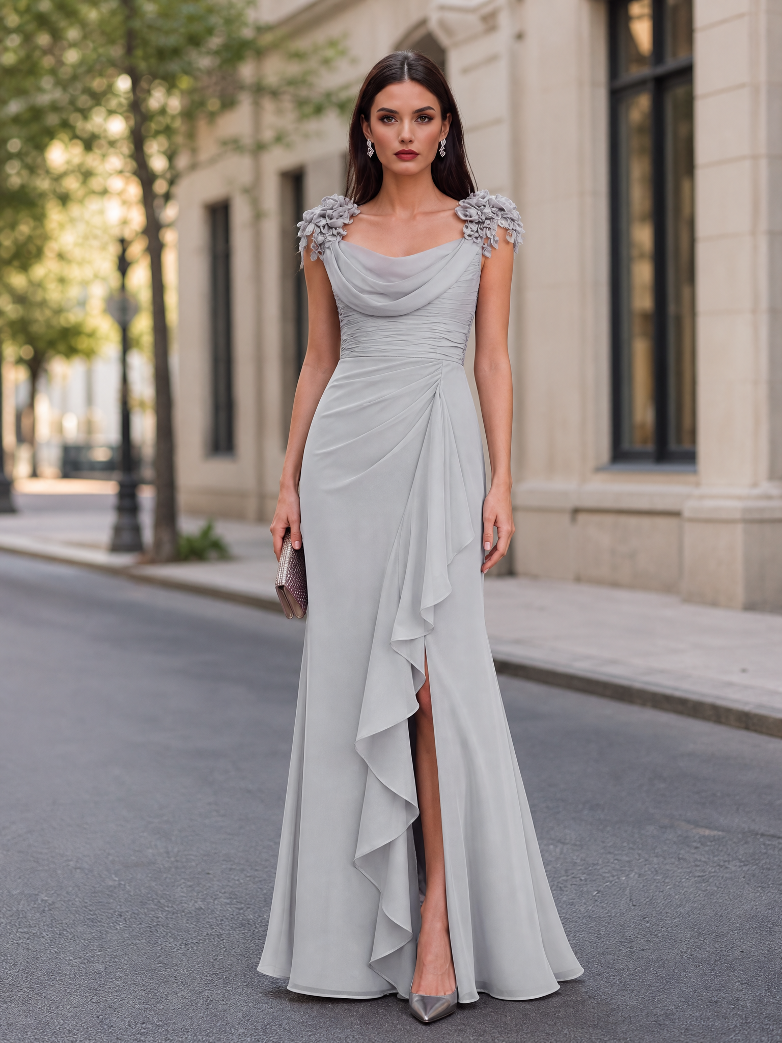 Ruffled Cowl Neck Floral Applique Evening Gown