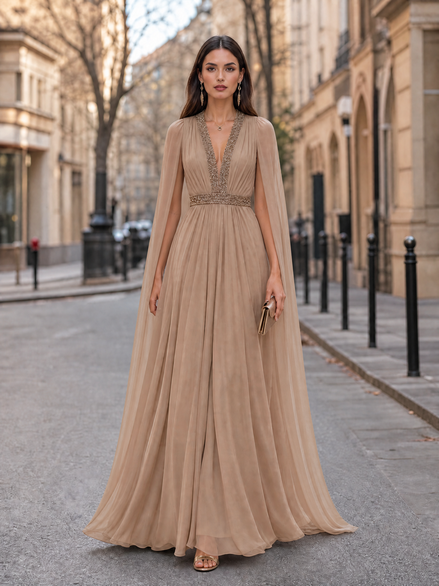 V-Neck Cape Sleeve Tulle Evening Gown