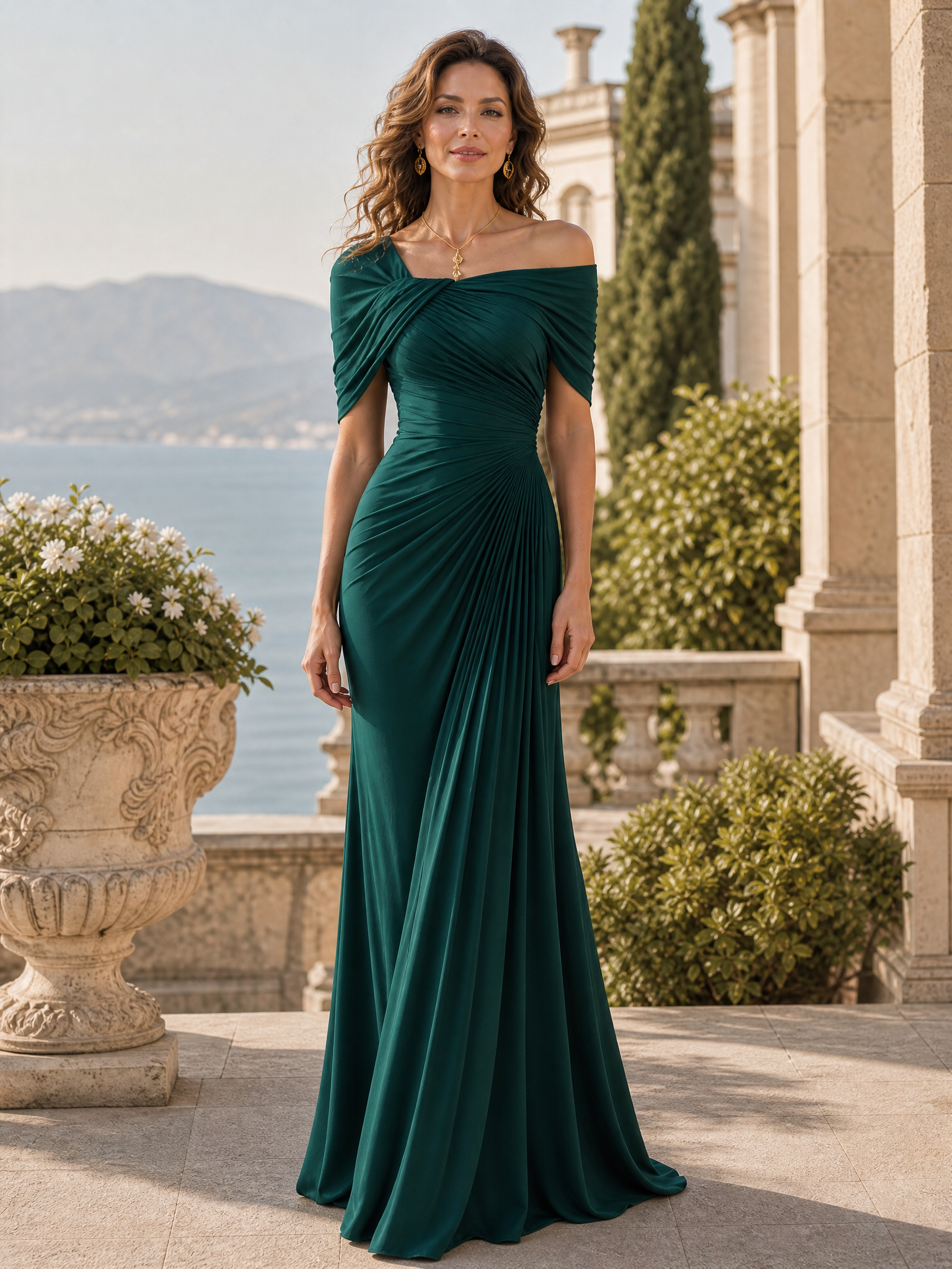 Off-Shoulder Pleated Draped Evening Gown