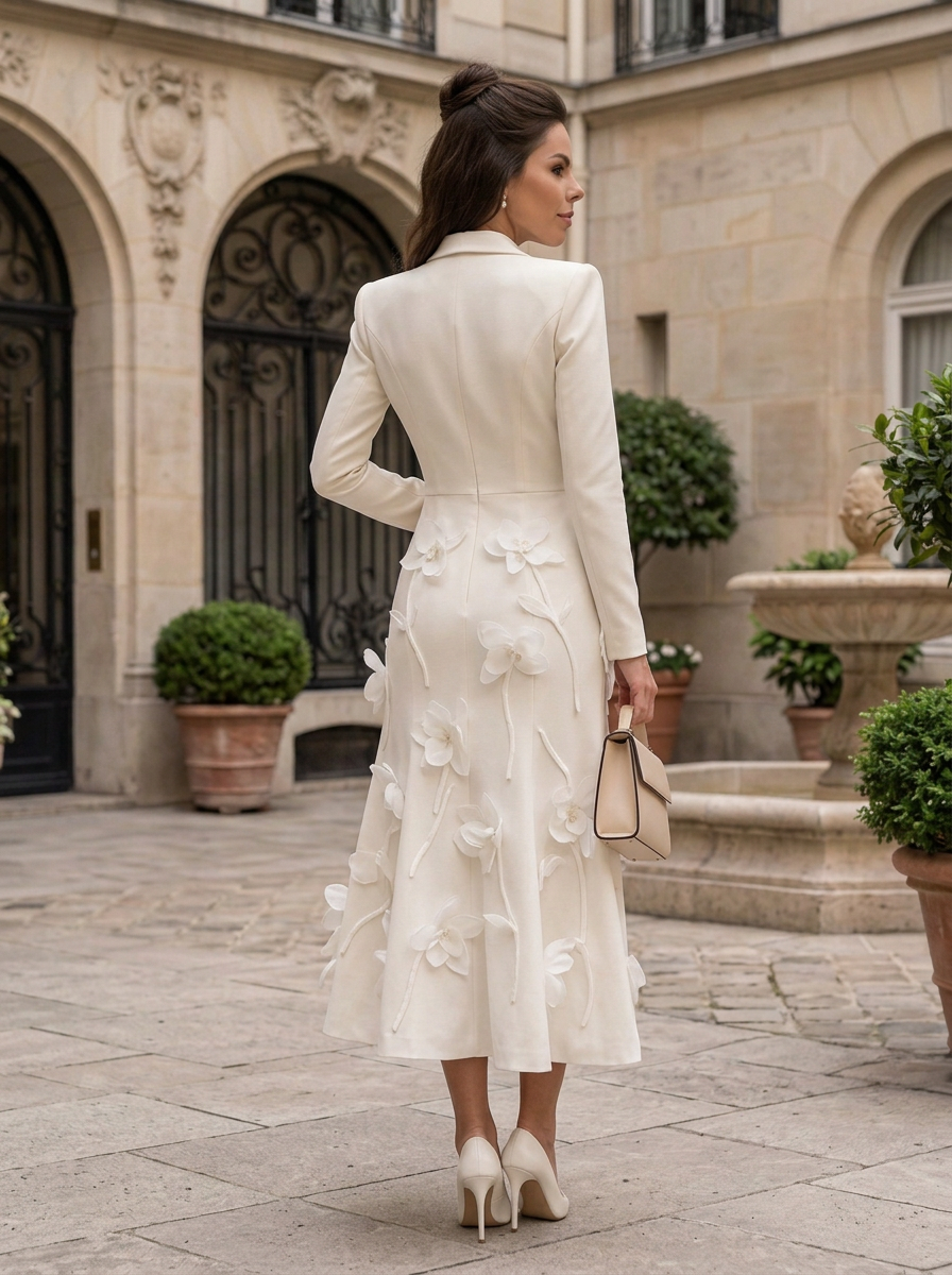 Lapel Neck Long Sleeve Floral Applique Midi Blazer Dress