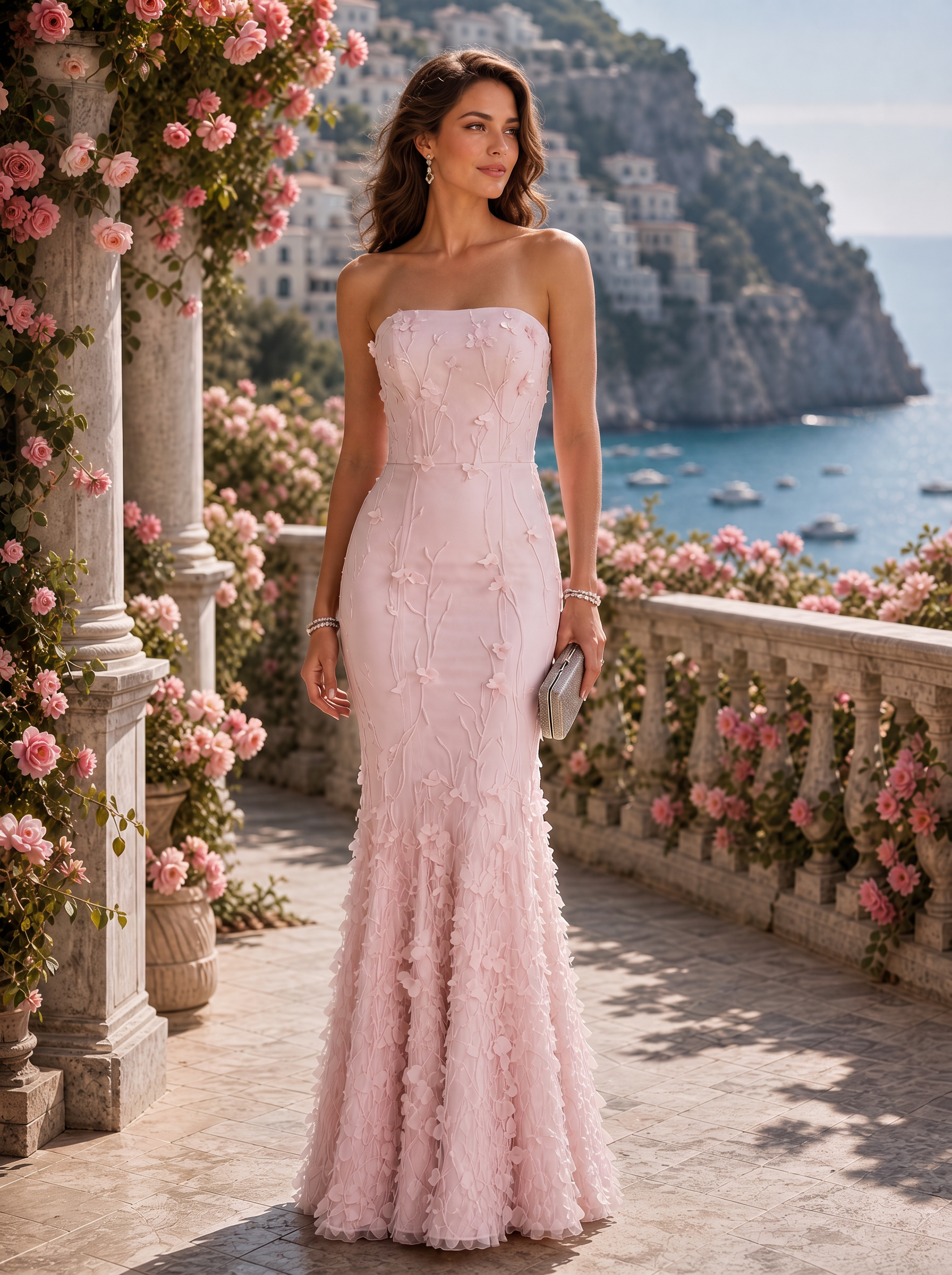 Strapless Floral Applique Mermaid Evening Gown