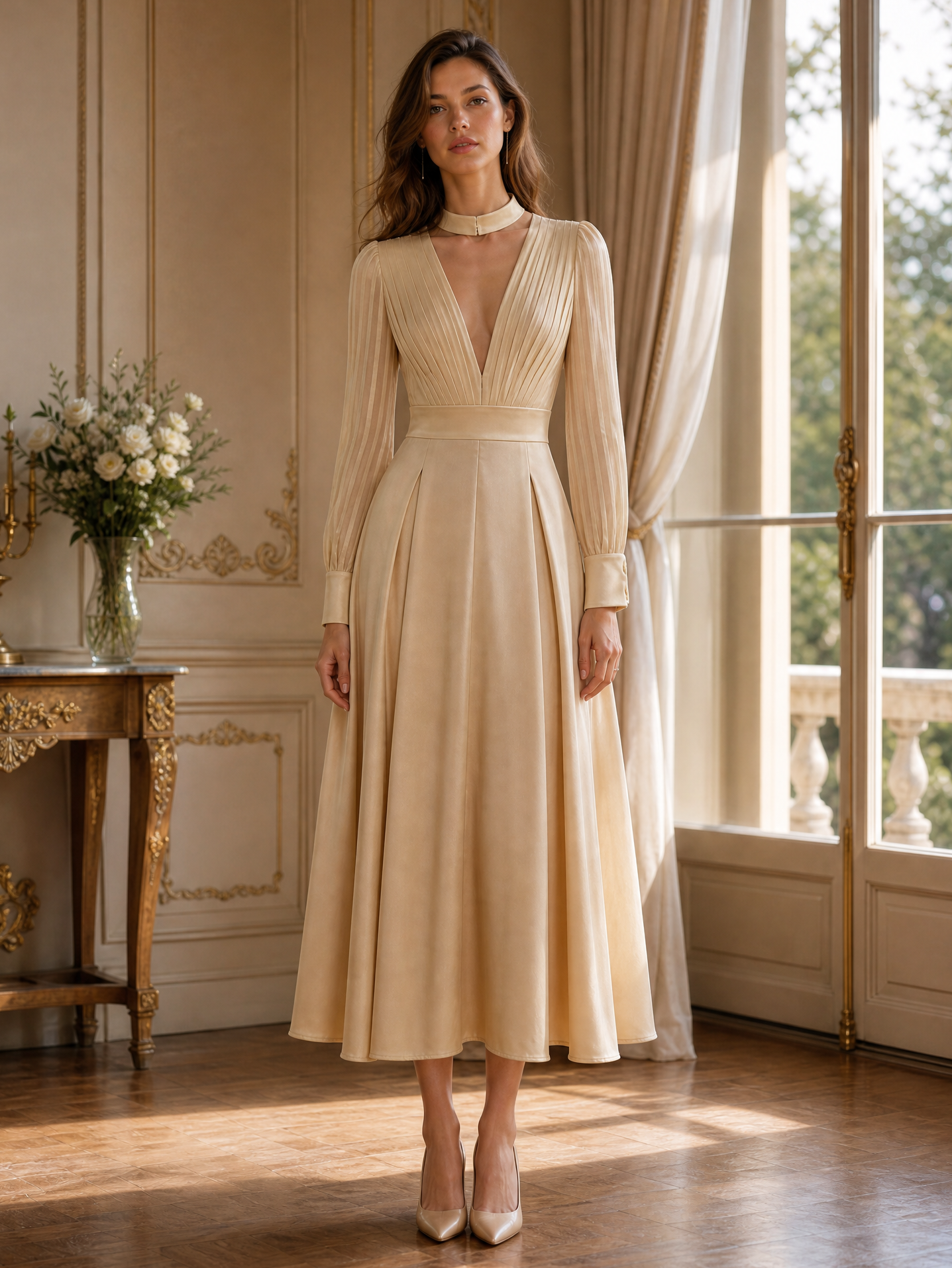 Choker Neck Pleated Long Sleeve Midi Dress