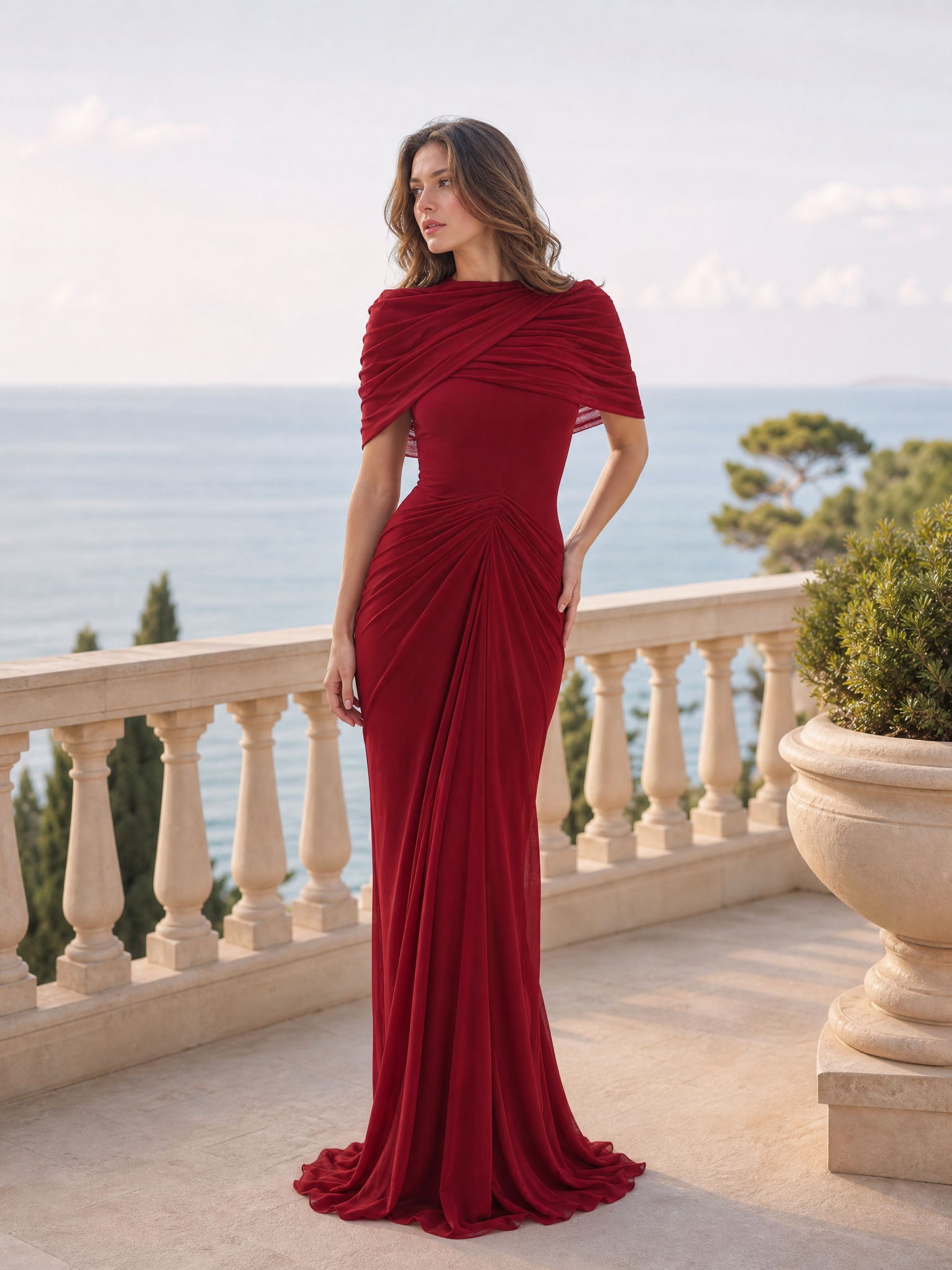 Draped Off-the-Shoulder Floor-Length Gown