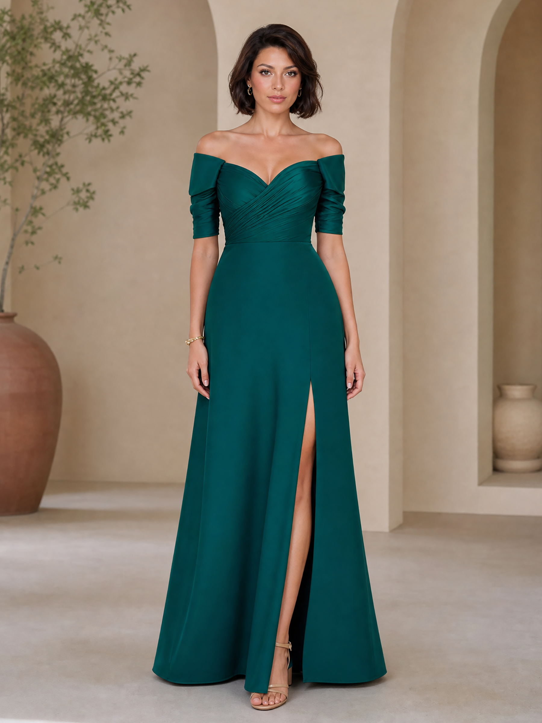 Off-Shoulder Pleated Chiffon Floor-Length Evening Dress