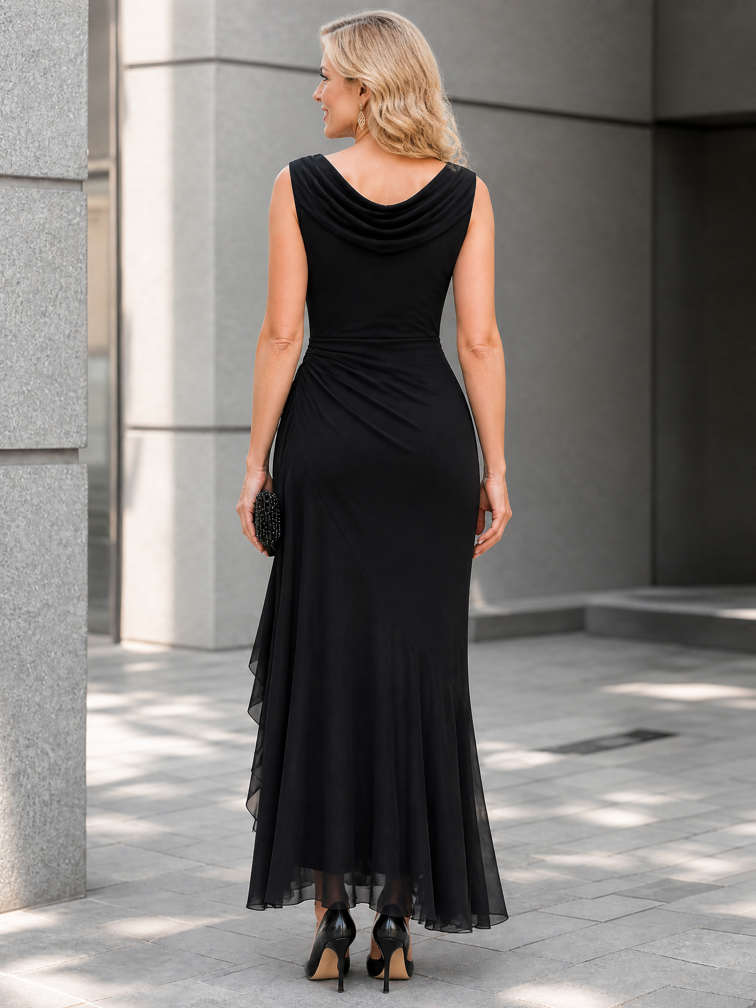Cowl Neck Ruffle Draped Chiffon Evening Gown