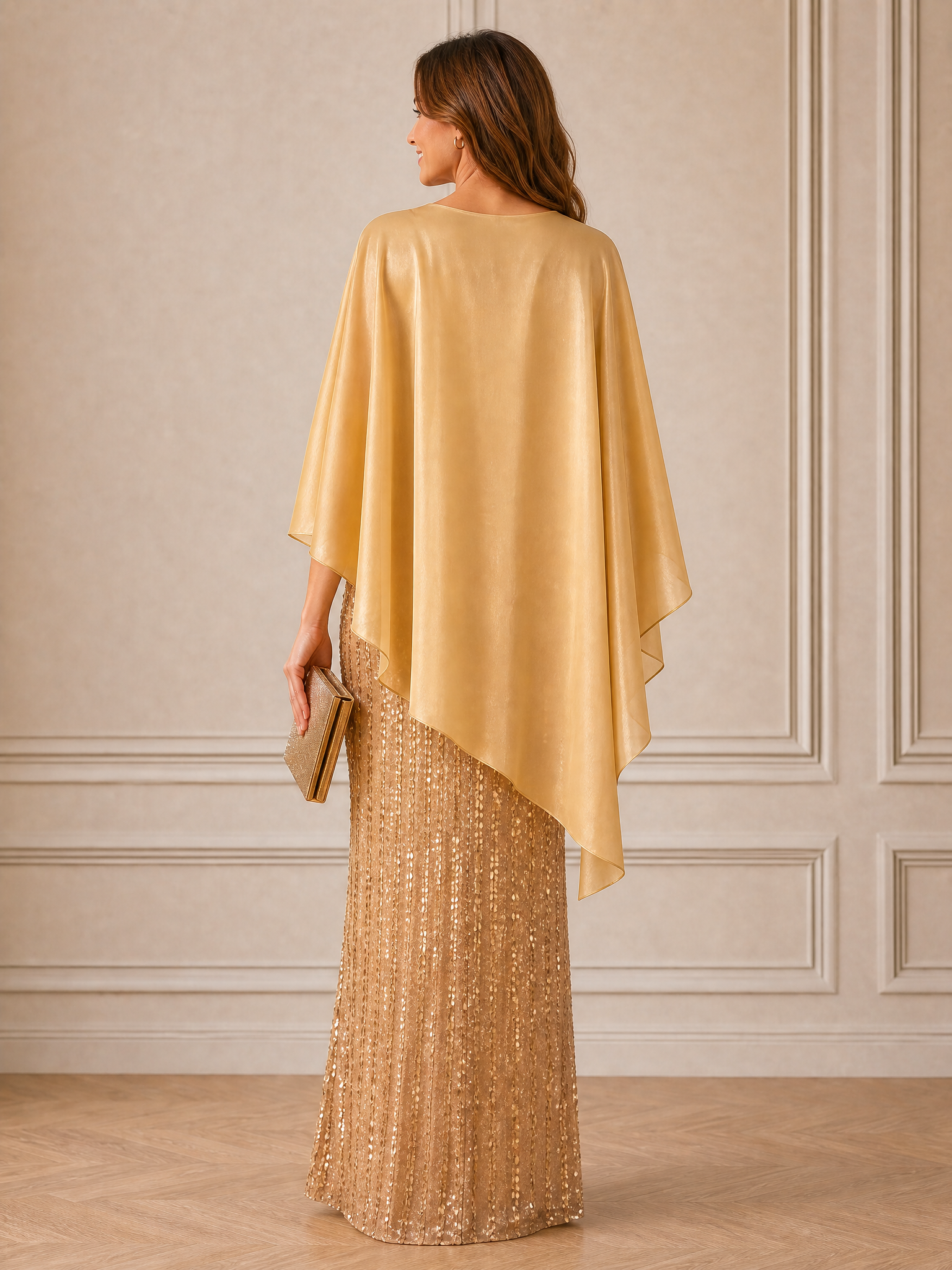 Cape Overlaid Sequin Embellished Evening Gown