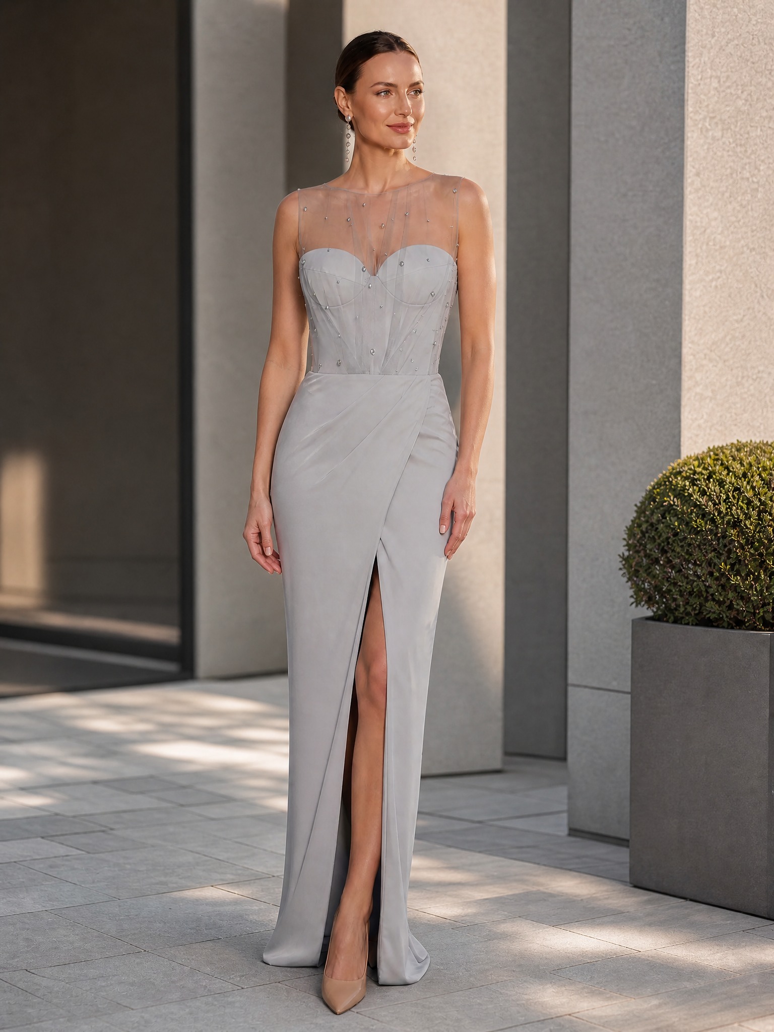 Sheer Illusion Bodice Beaded Slit Evening Gown