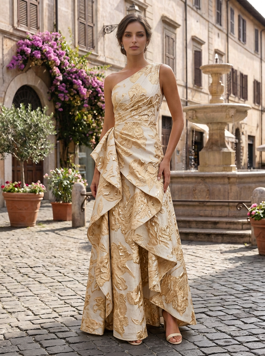 Floral Print A-Line/Princess One Shoulder Floor-Length Evening Dresses with Ruffles