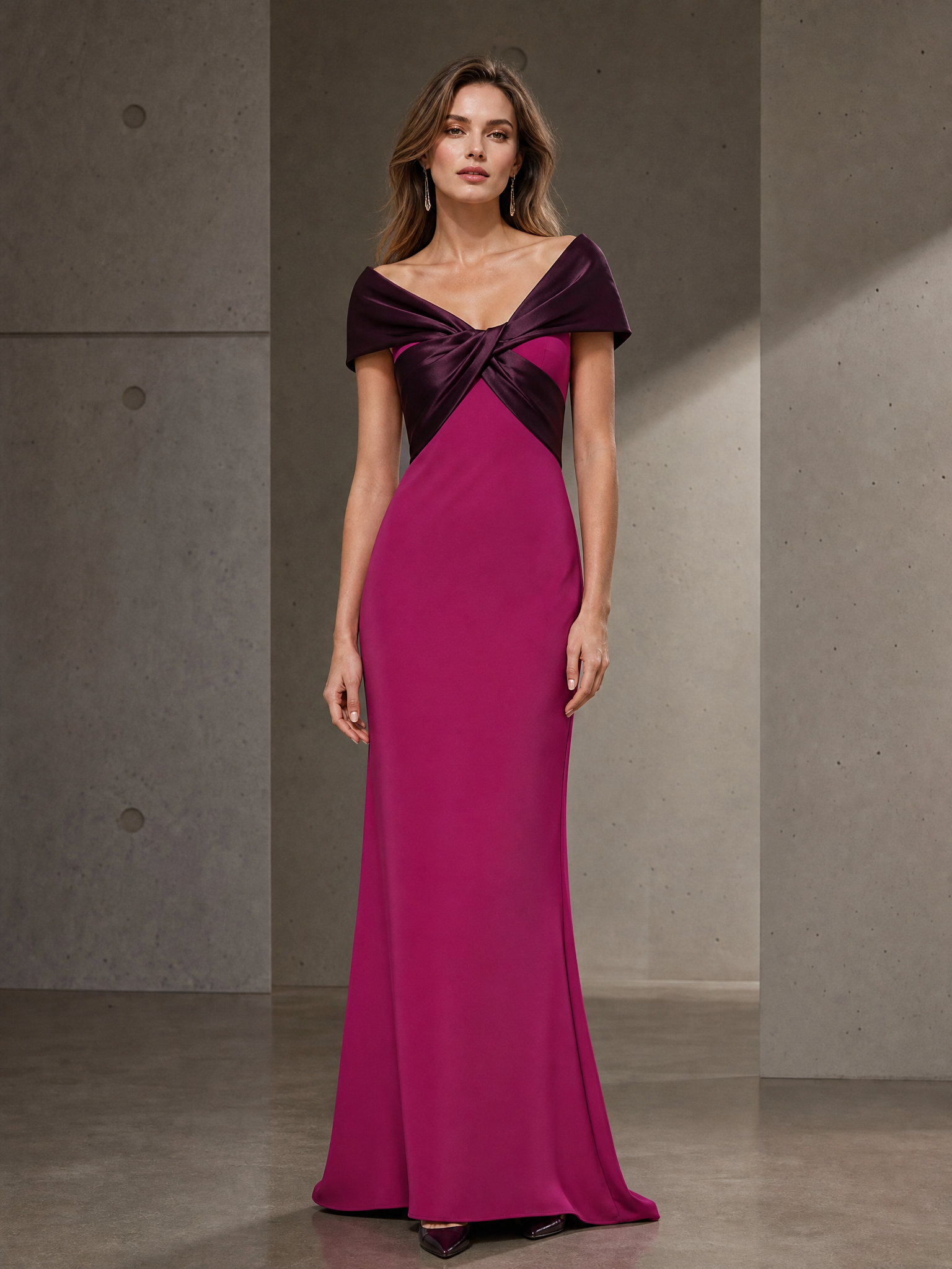 Fuchsia Off-Shoulder Twist-Front Evening Gown
