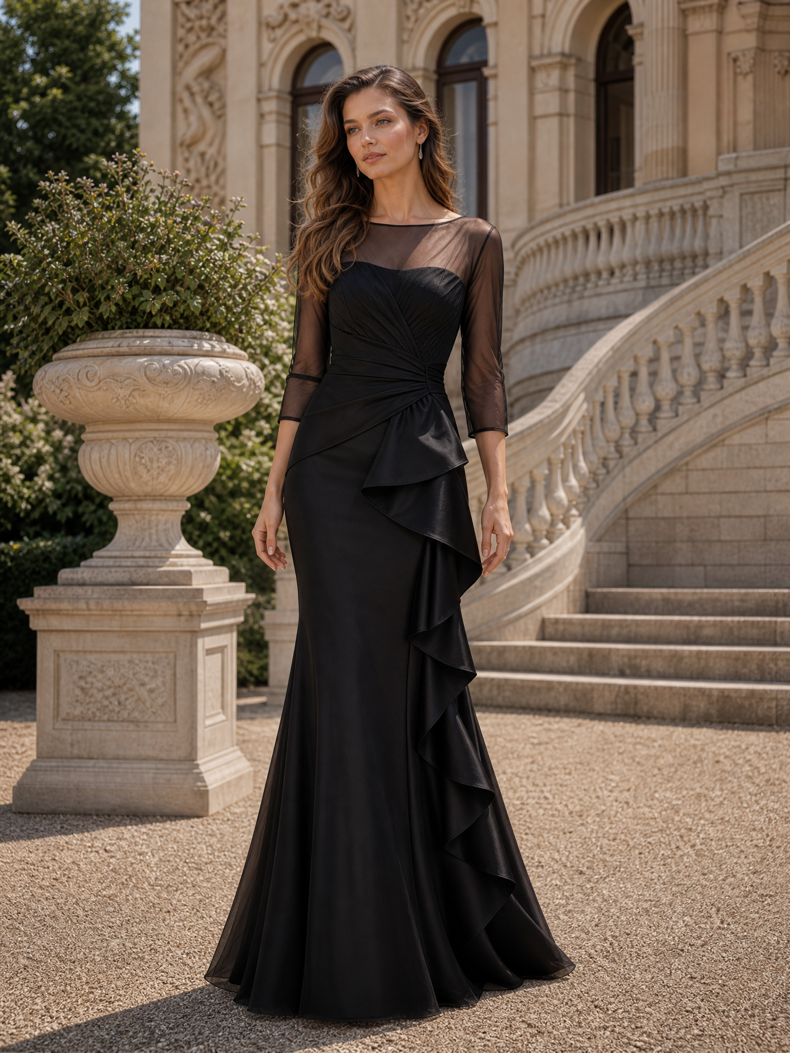 Sheer Mesh Long Sleeve Pleated Evening Gown