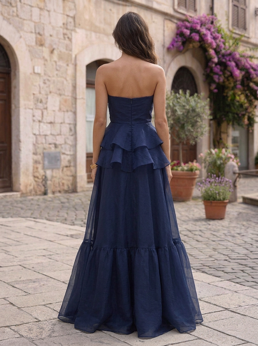Strapless 3D Floral Accent Tiered Evening Gown