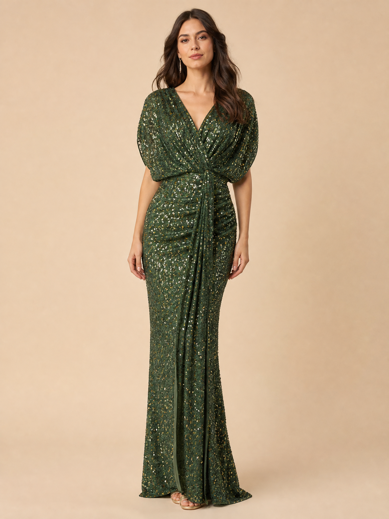 V-Neck Short Sleeve Sequin Evening Gown
