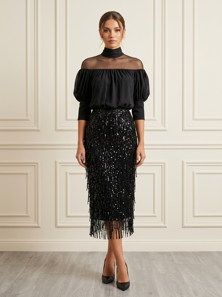 Mock Neck Sheer Mesh Sequin Fringe Midi Dress