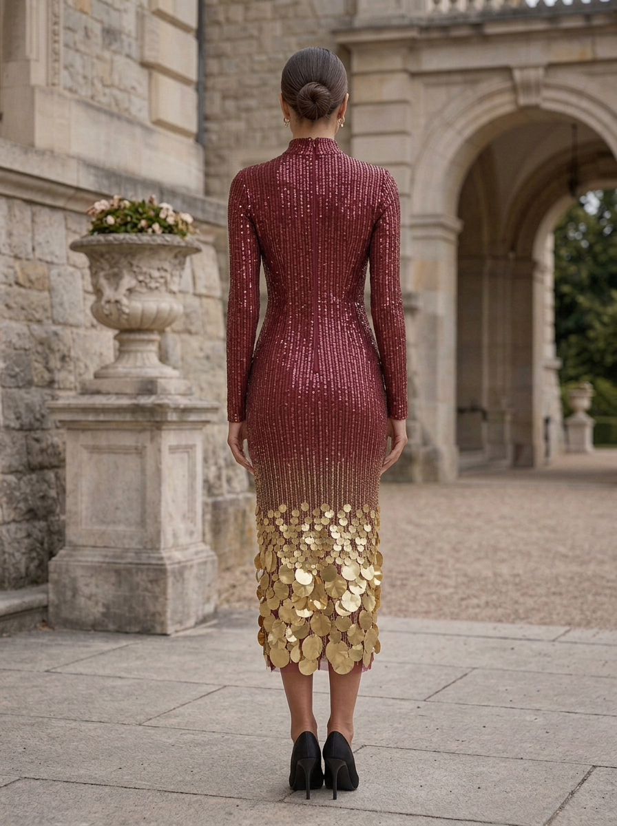 Mock Neck Long Sleeve Sequin Gradient Midi Dress