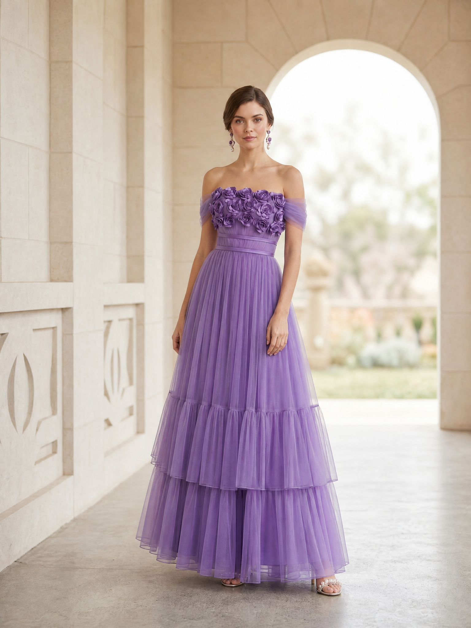 Floral Appliqué Off-the-Shoulder Tulle Gown