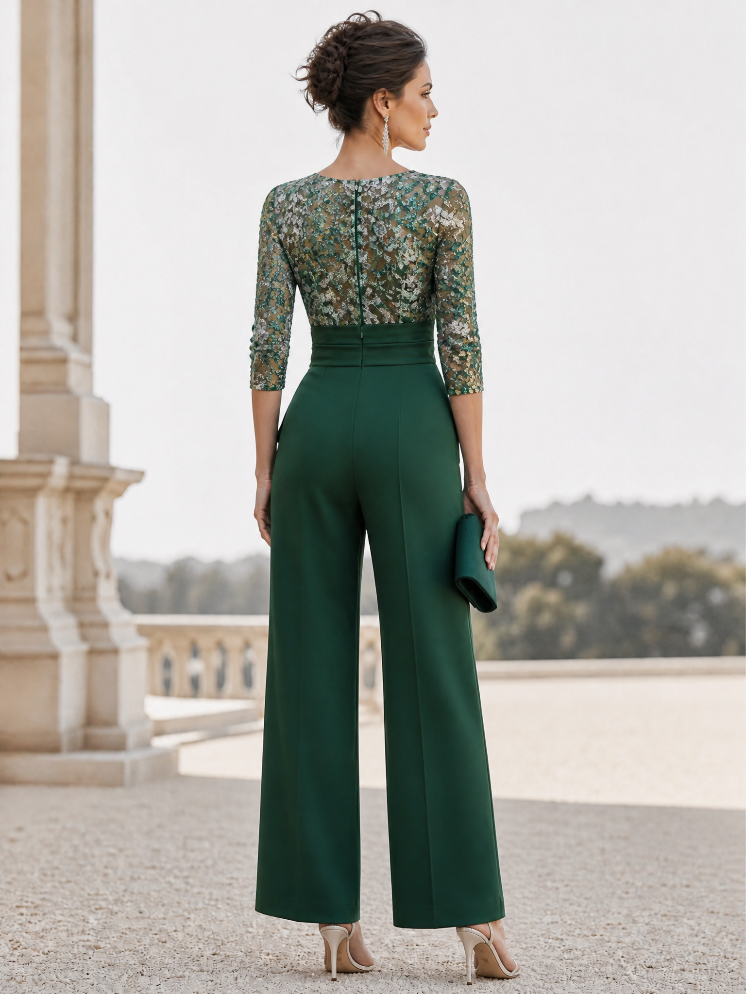 Embroidered Illusion Bodice Wide-Leg Jumpsuit