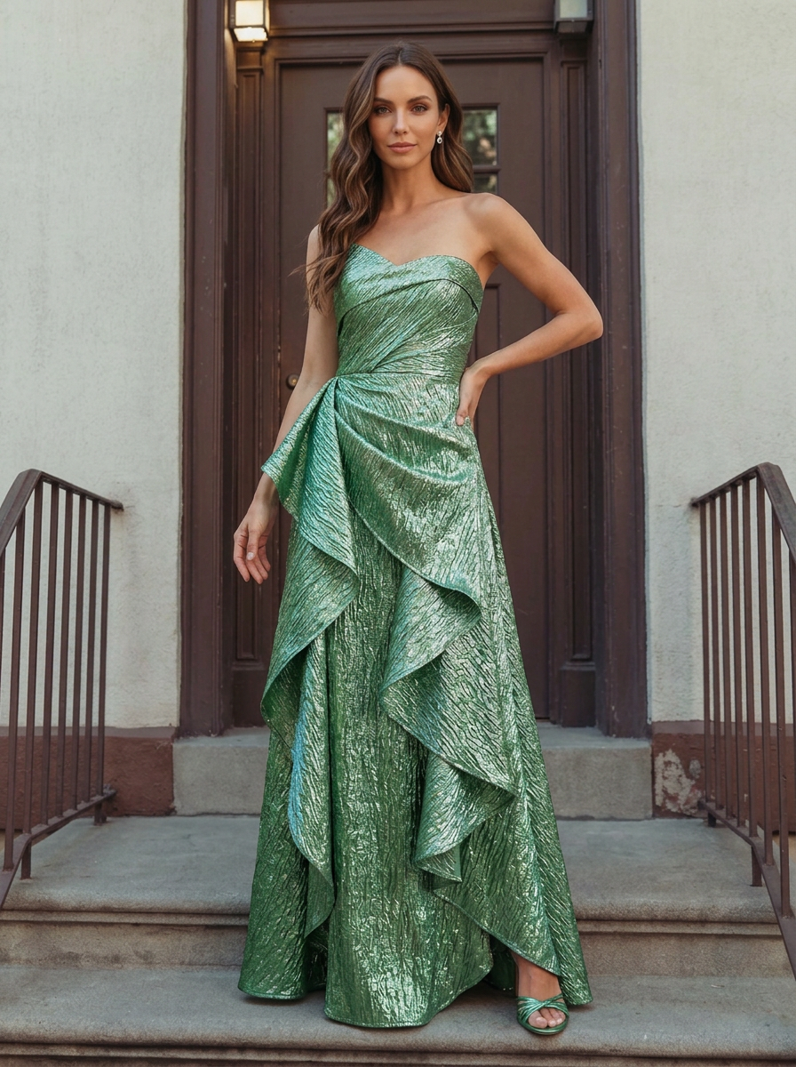 Strapless Metallic Ruffle Slit Maxi Dress
