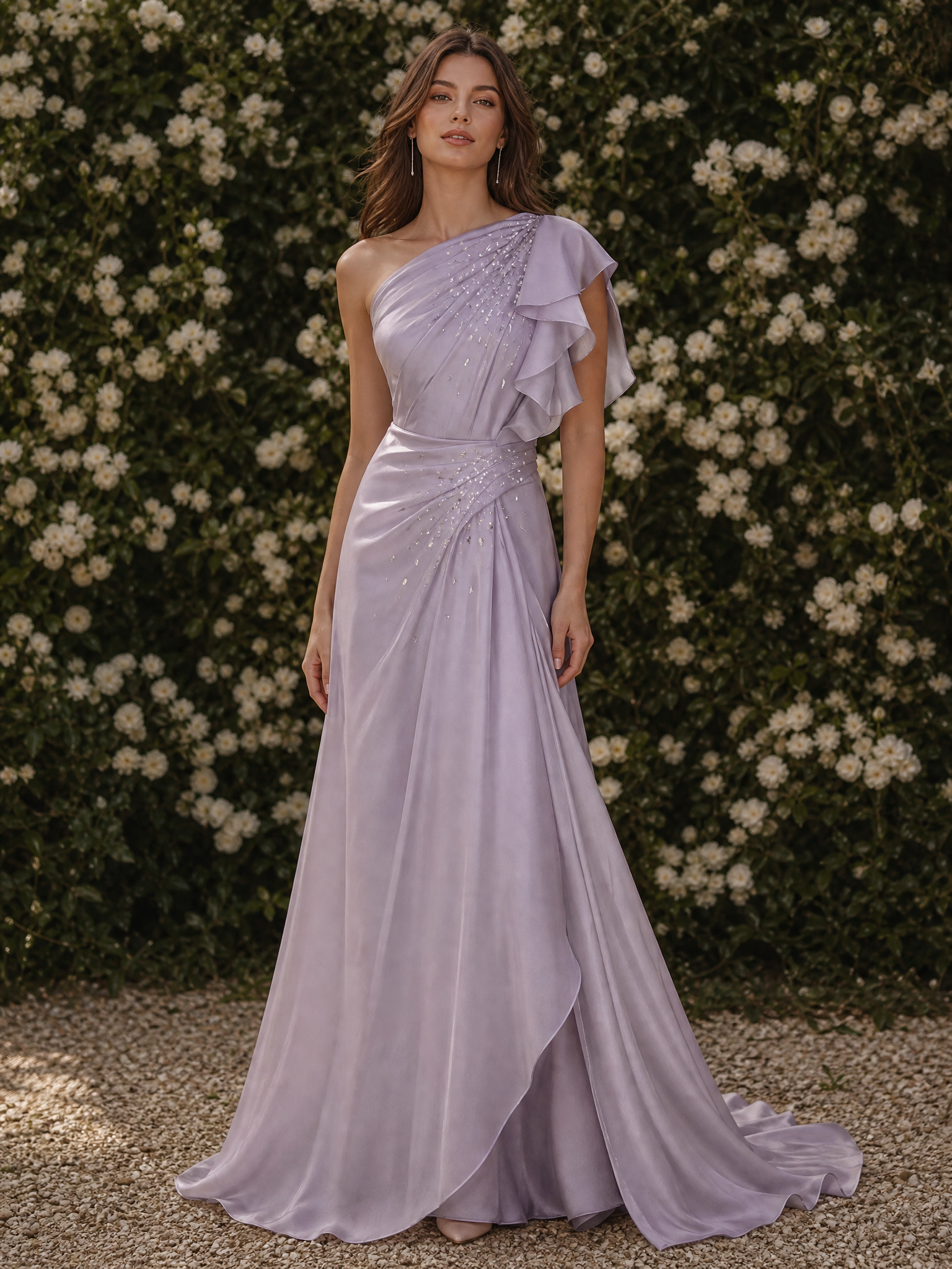 One-Shoulder Ruffle Beaded Chiffon Maxi Dress