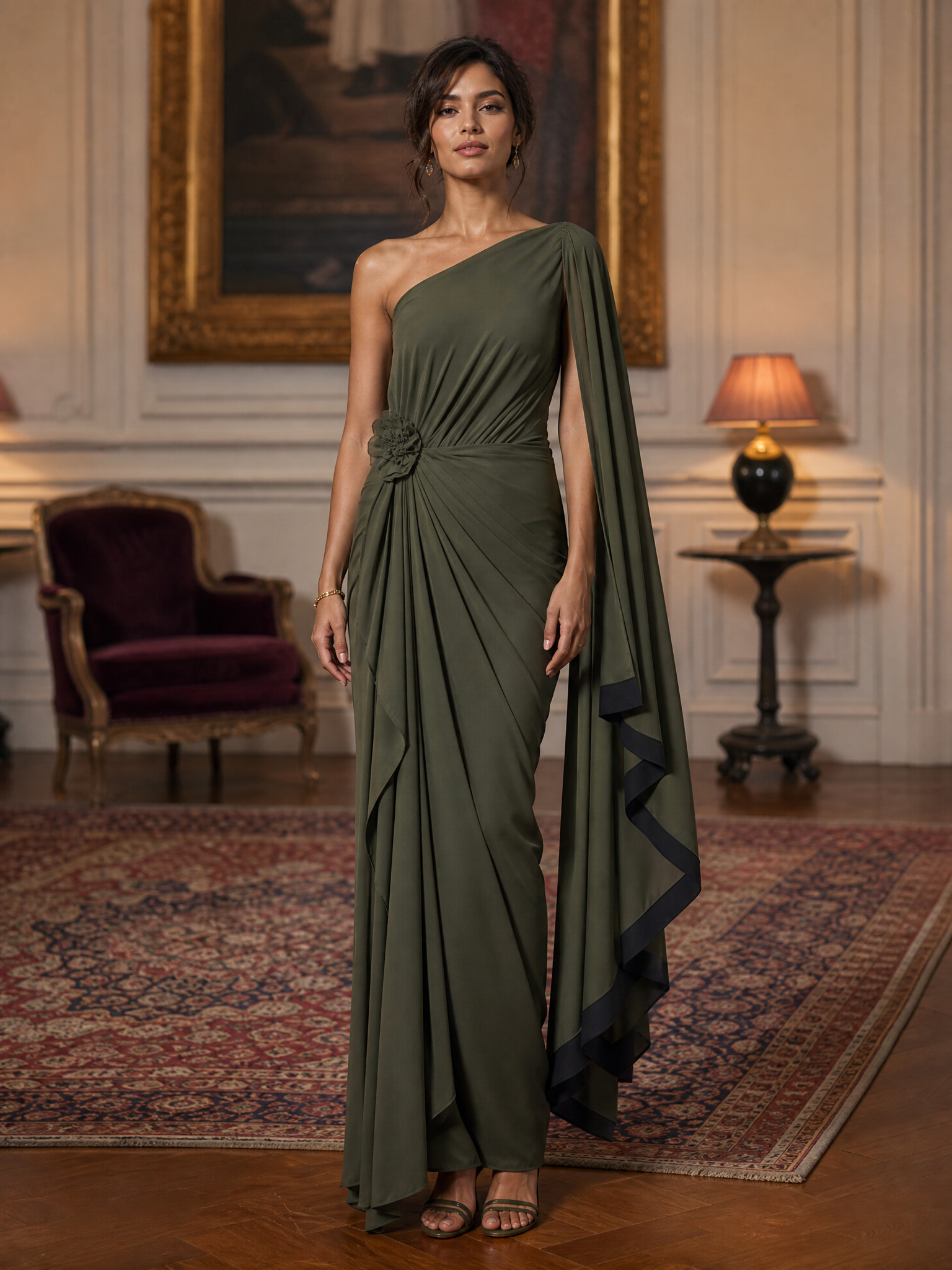 One-Shoulder Drape Draped Chiffon Maxi Dress