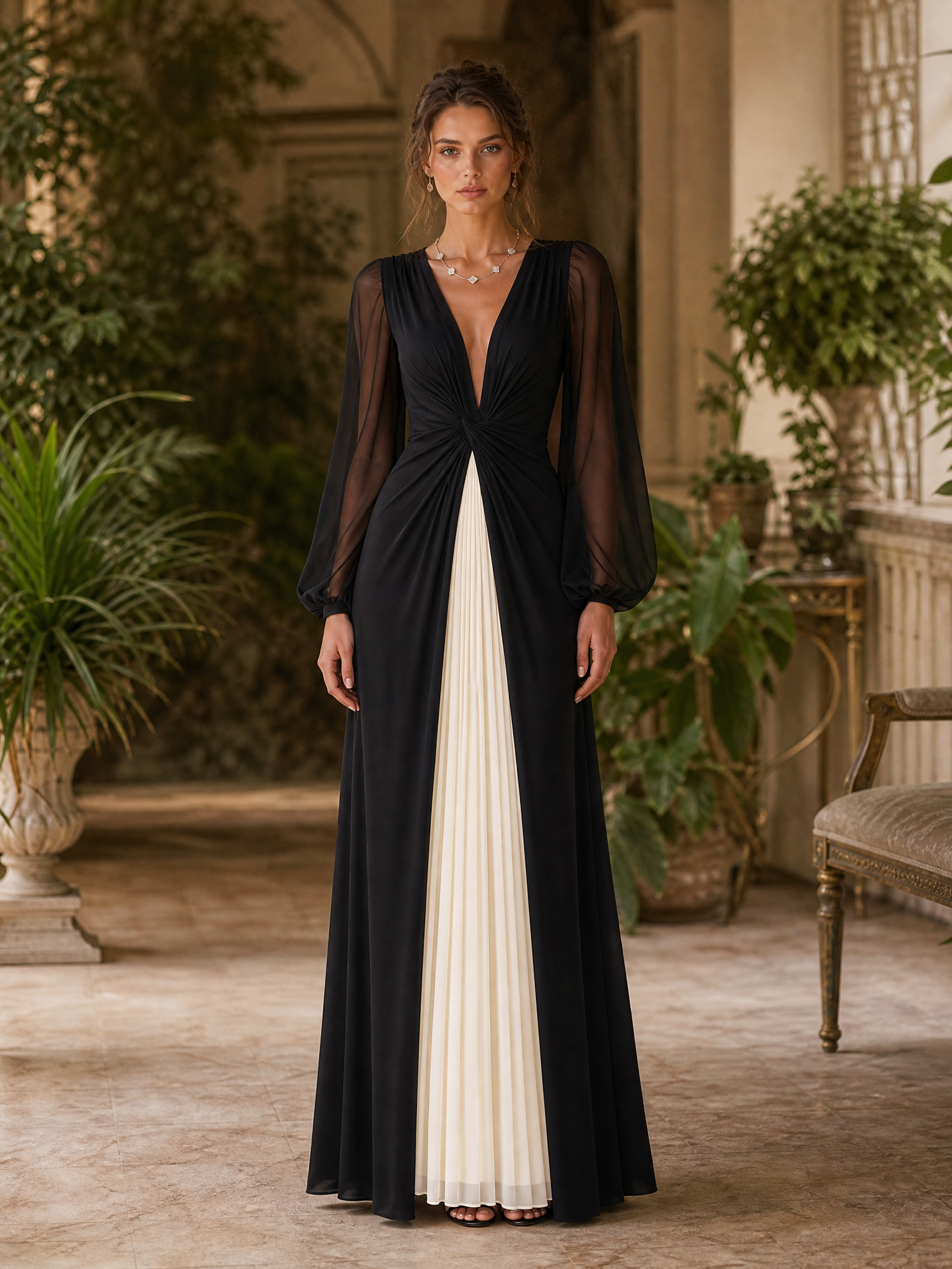 Chiffon Long Sleeve Color Block Pleated Evening Gown
