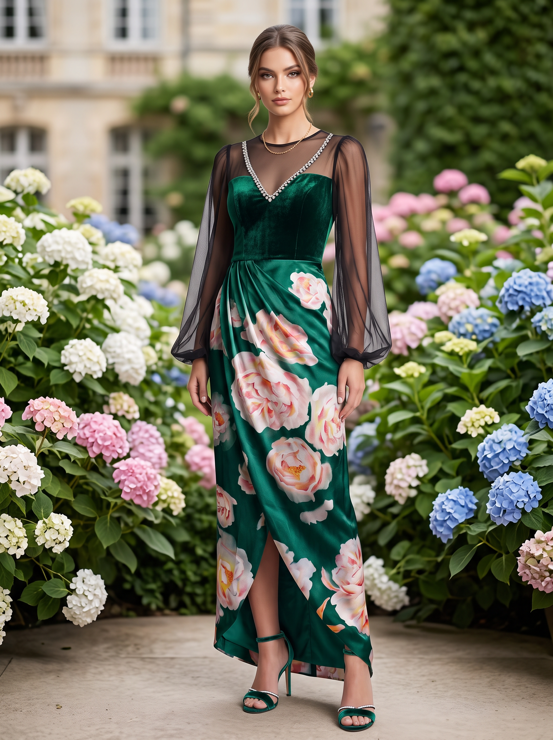 Emerald Green Velvet And Satin Floral Print Long Sleeve Maxi Dress