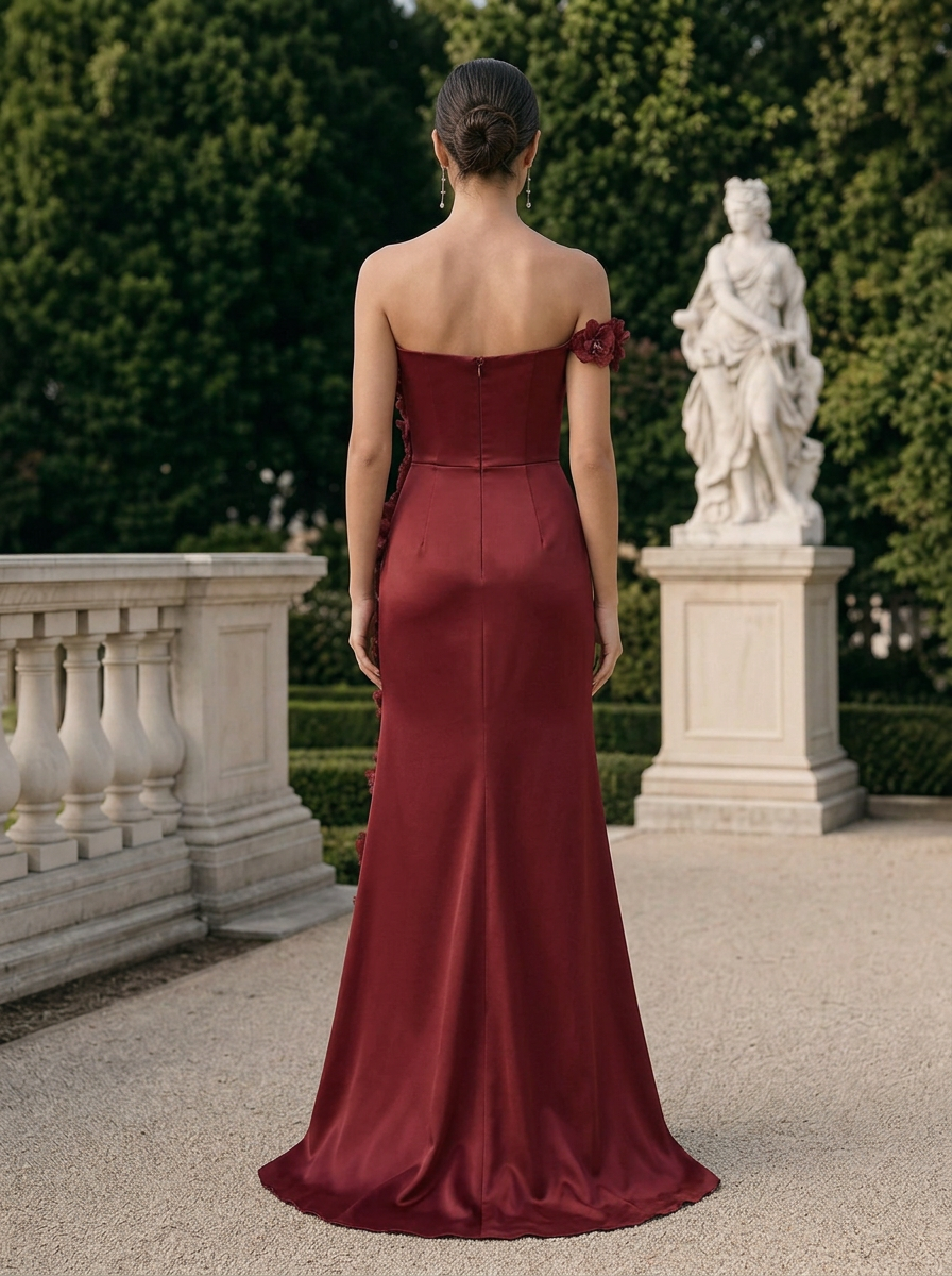 Strapless Satin 3D Floral Slit Evening Gown