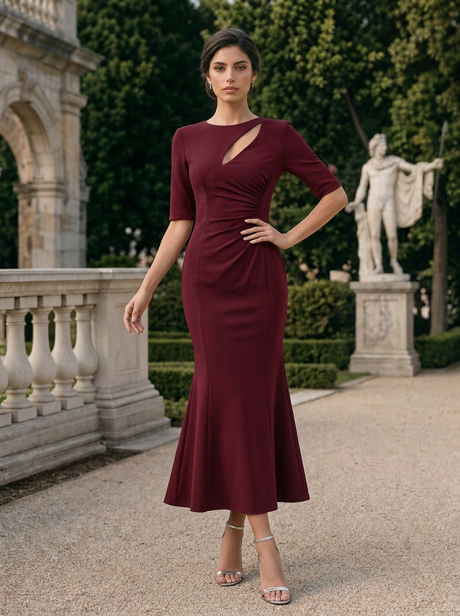 Half Sleeve Crepe Midi Dress With Cutout Detail